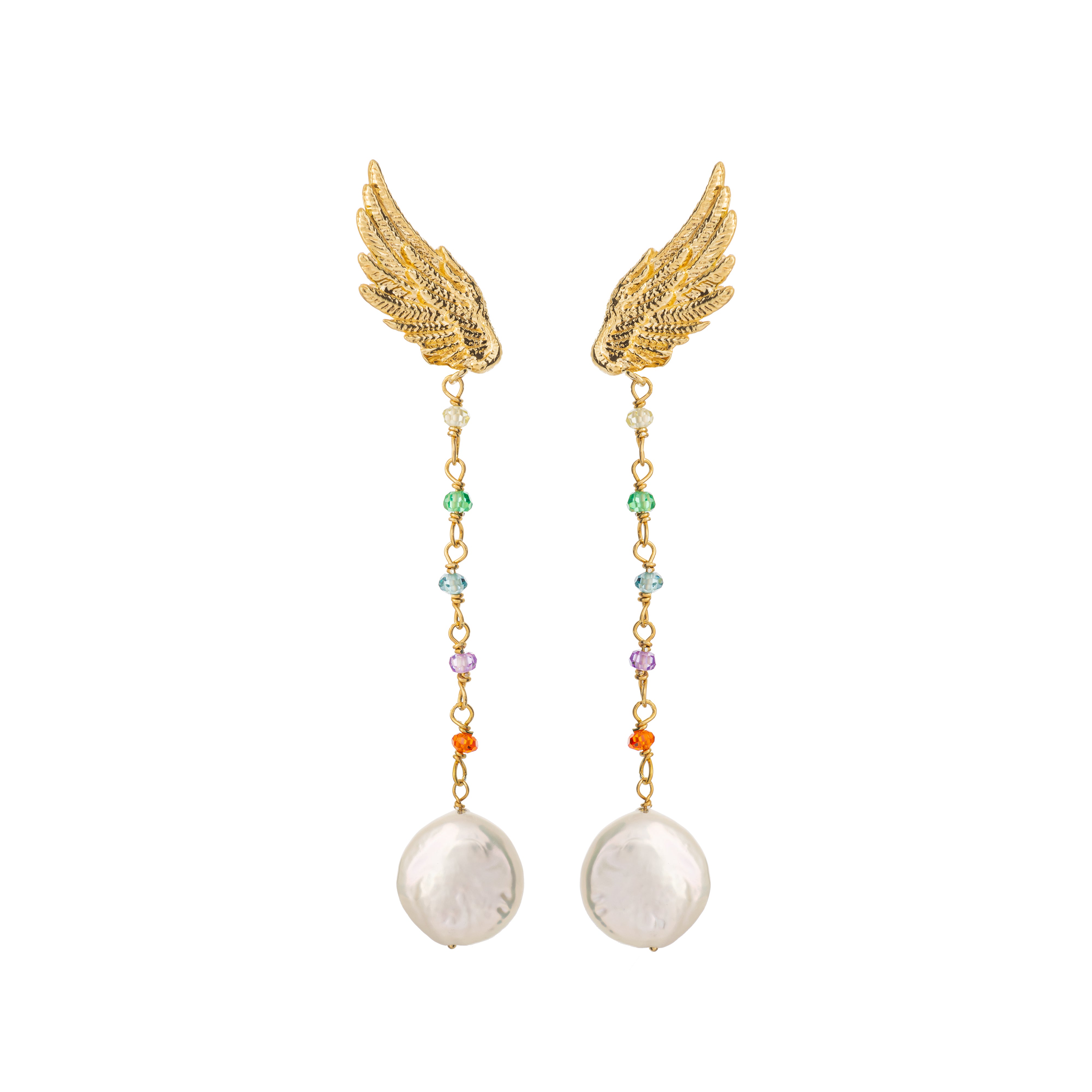 Artemis Wing Pendant Earrings with Zircons and Baroque Pearls