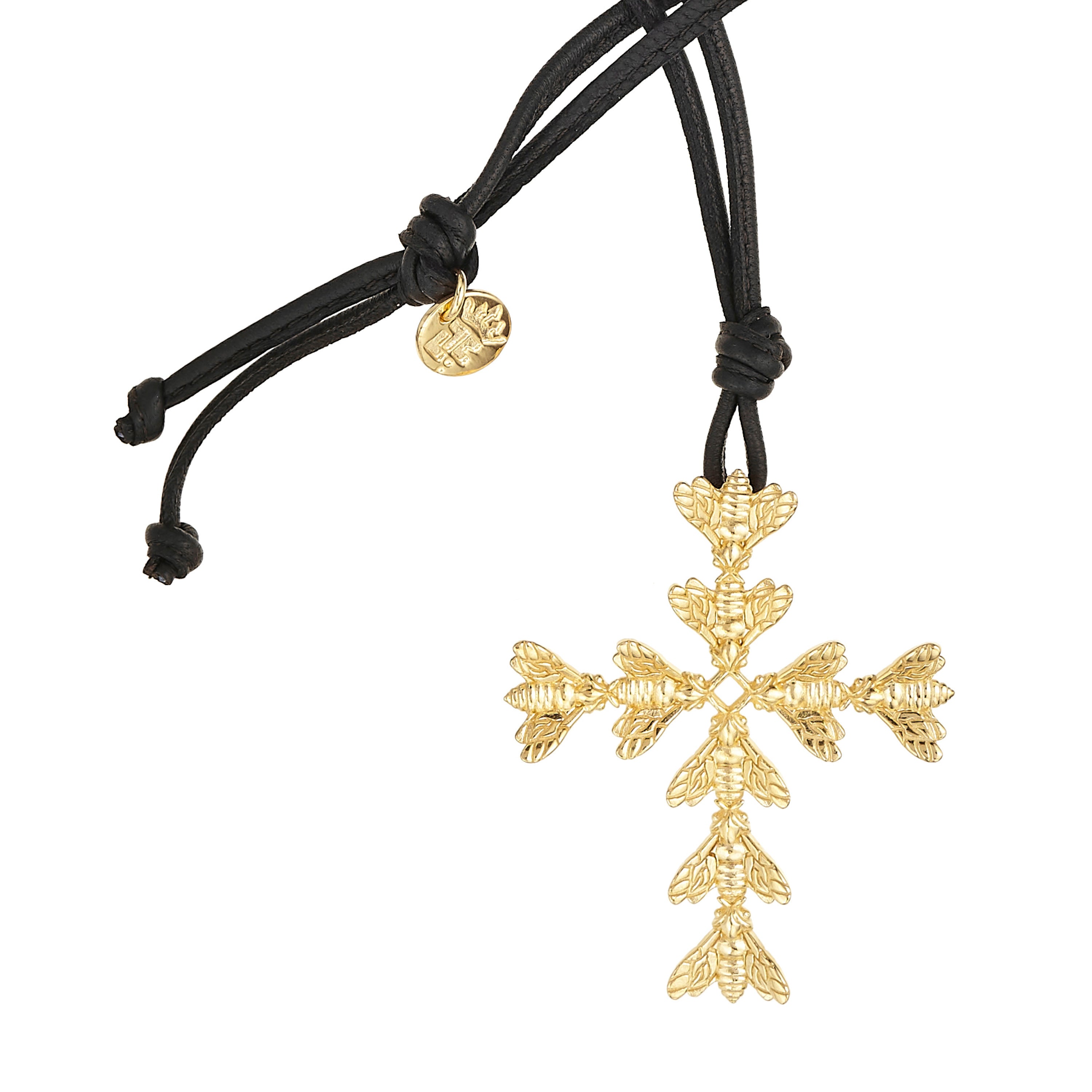Bee Queen Black Leather Necklace with Bee Cross