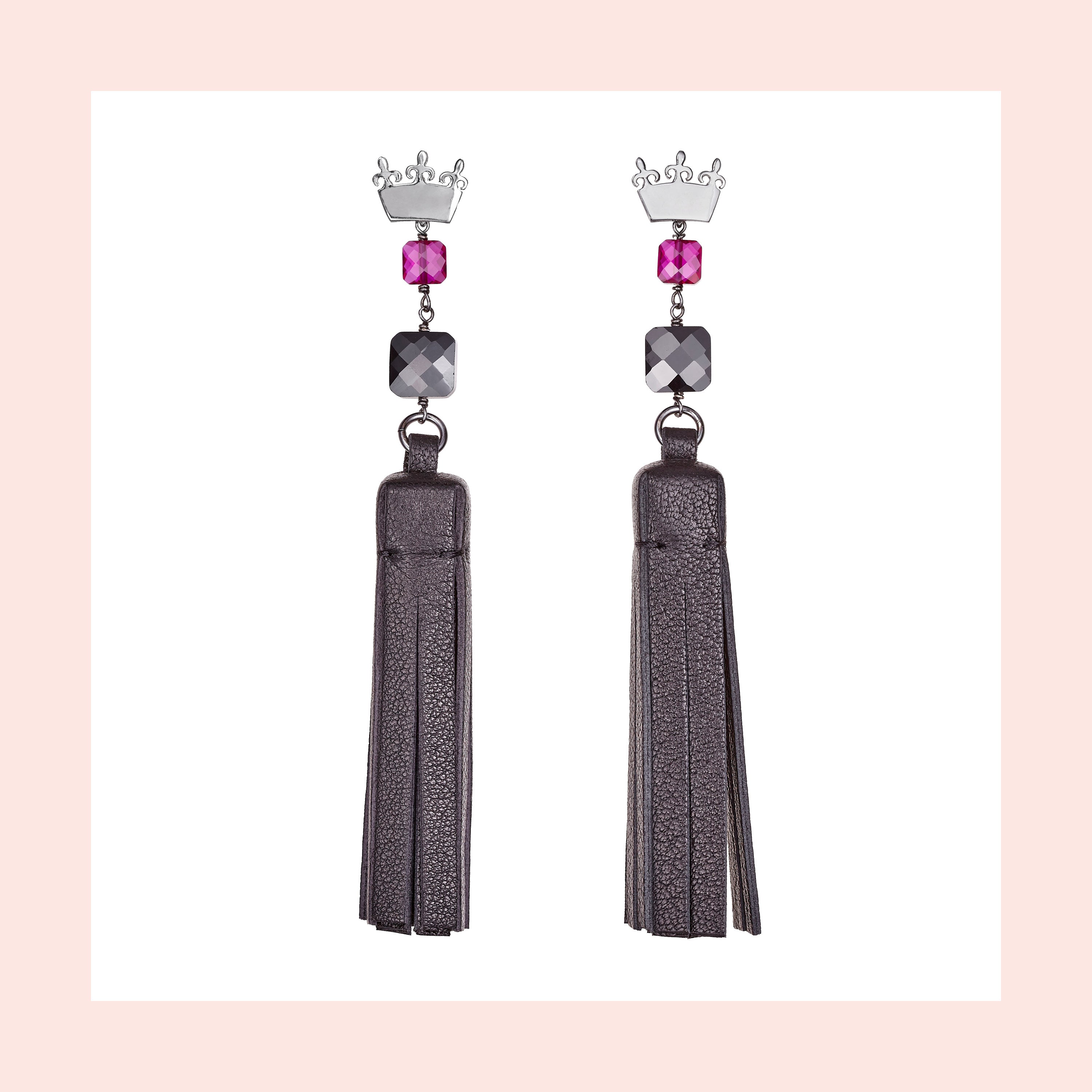 Tassel “Square” Earrings with Black Leather and Zircons