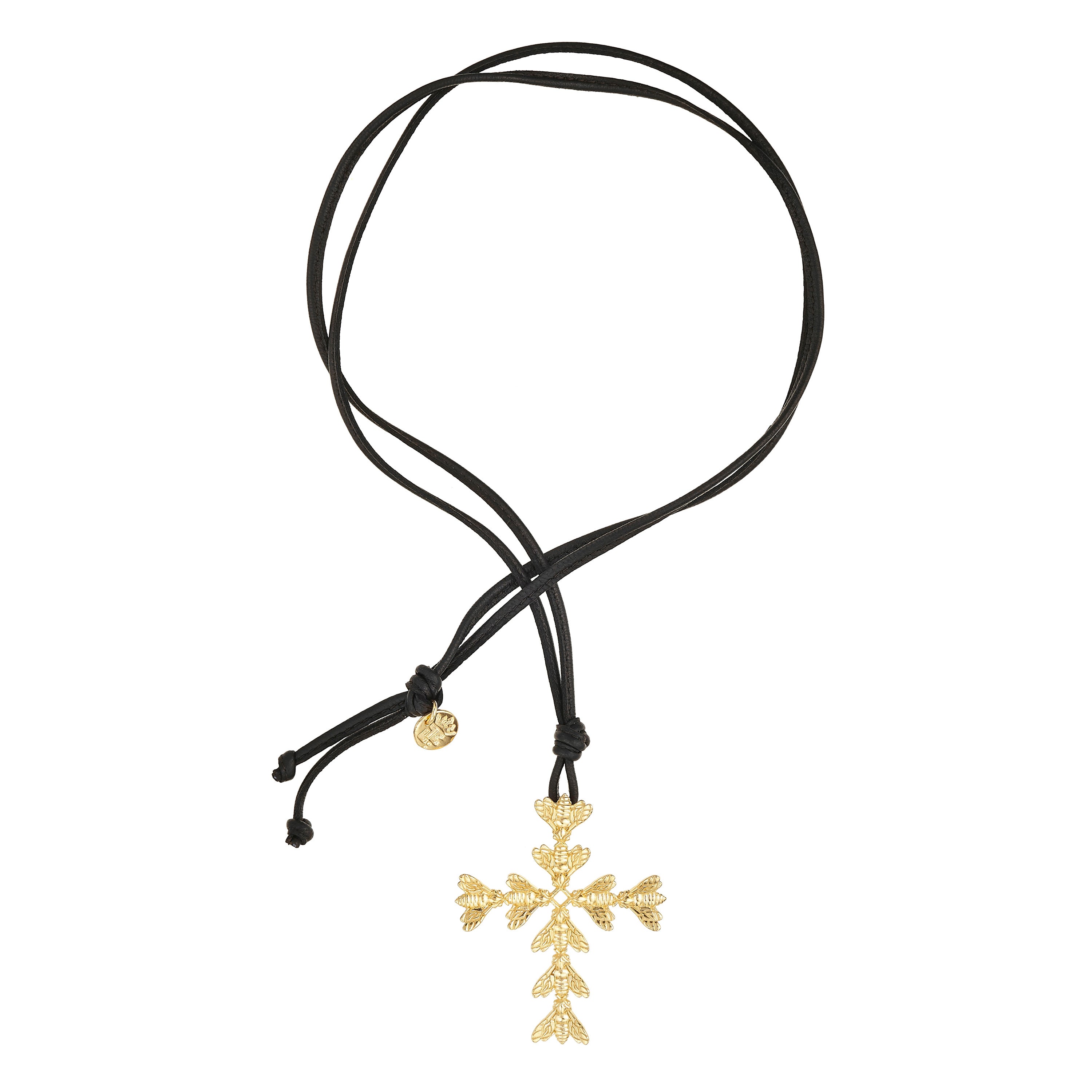 Bee Queen Black Leather Necklace with Bee Cross