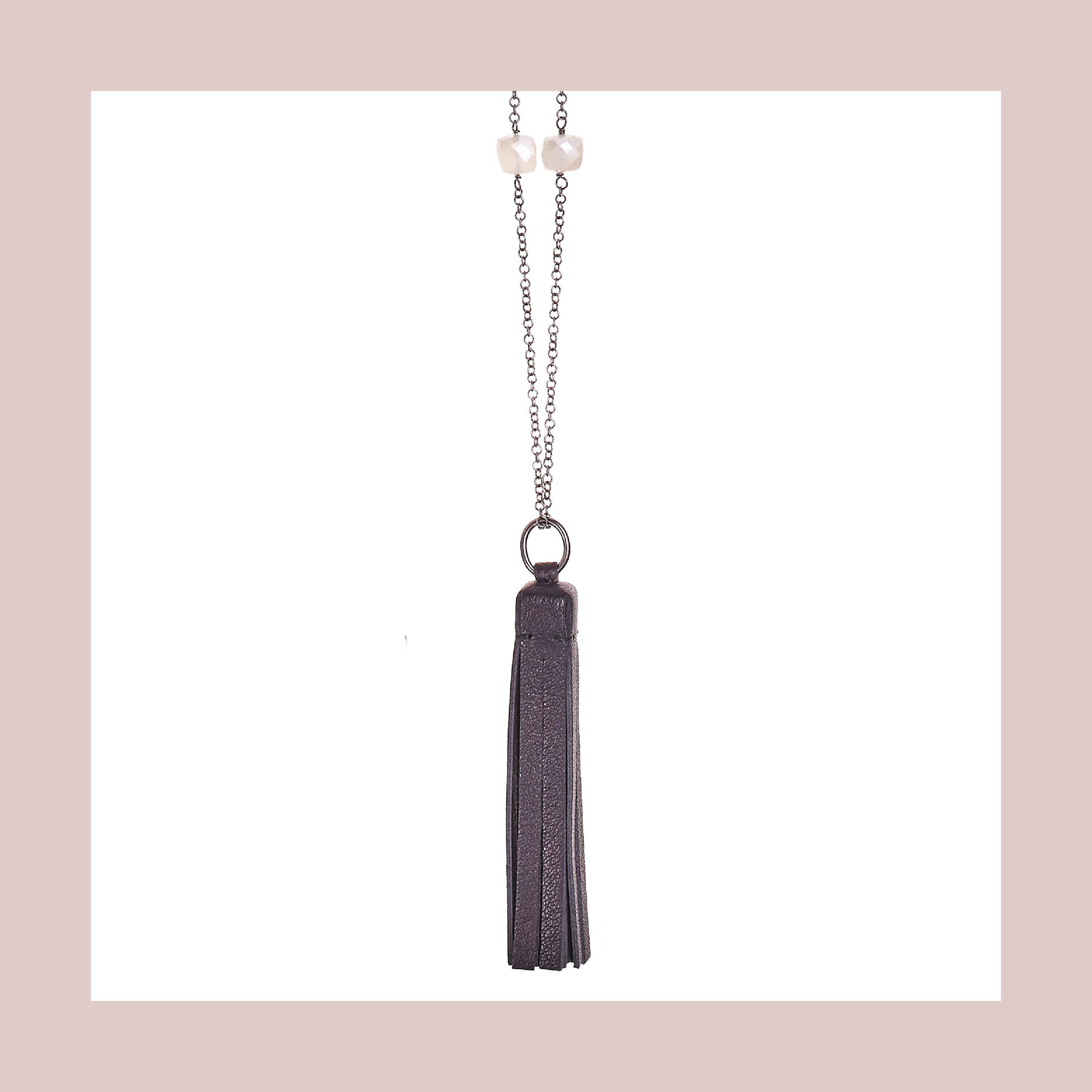 Tassel “Square” Necklace with Black Leather and Chalcedony