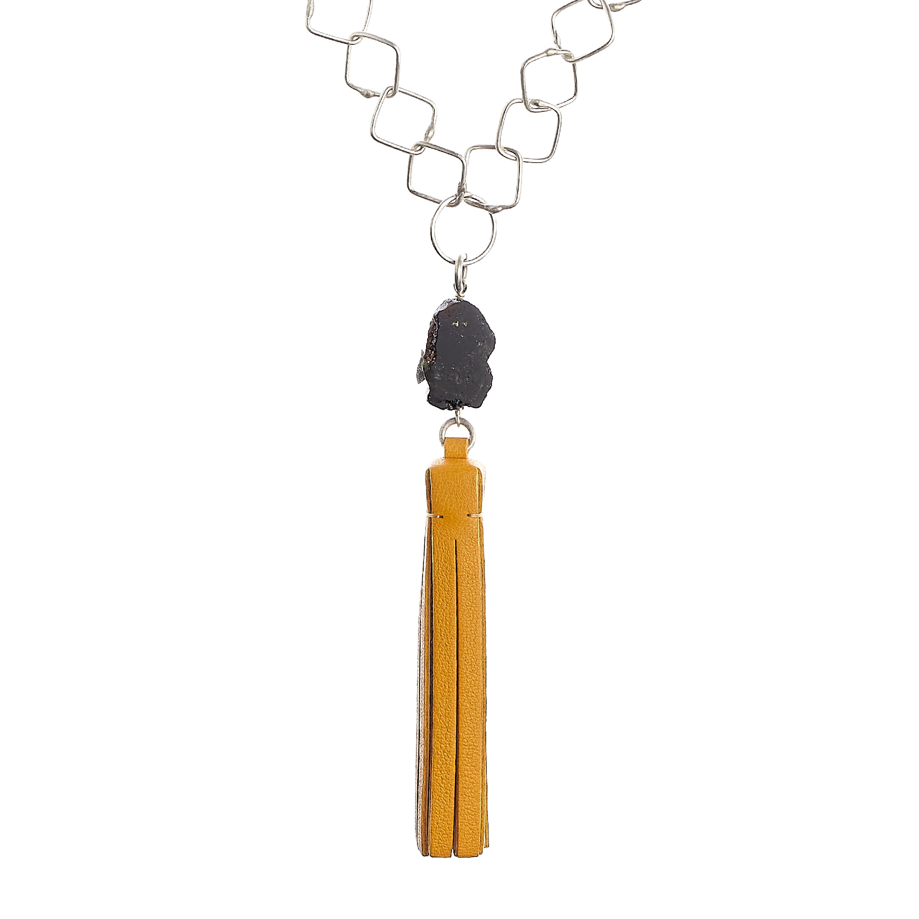 Tassel “Square” Necklace with Honey Leather and Tourmaline