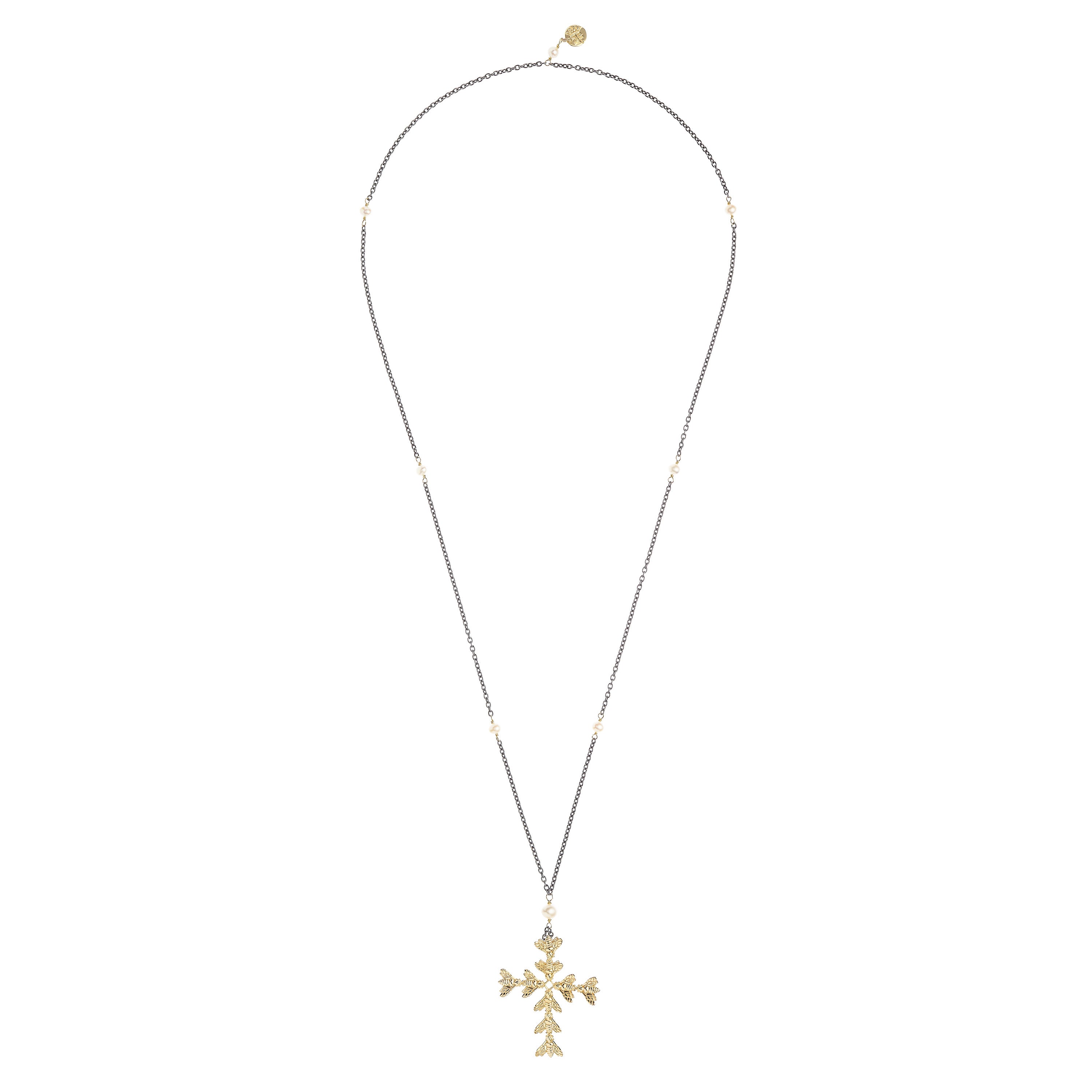 Collana Bee Queen con croce di api e perle