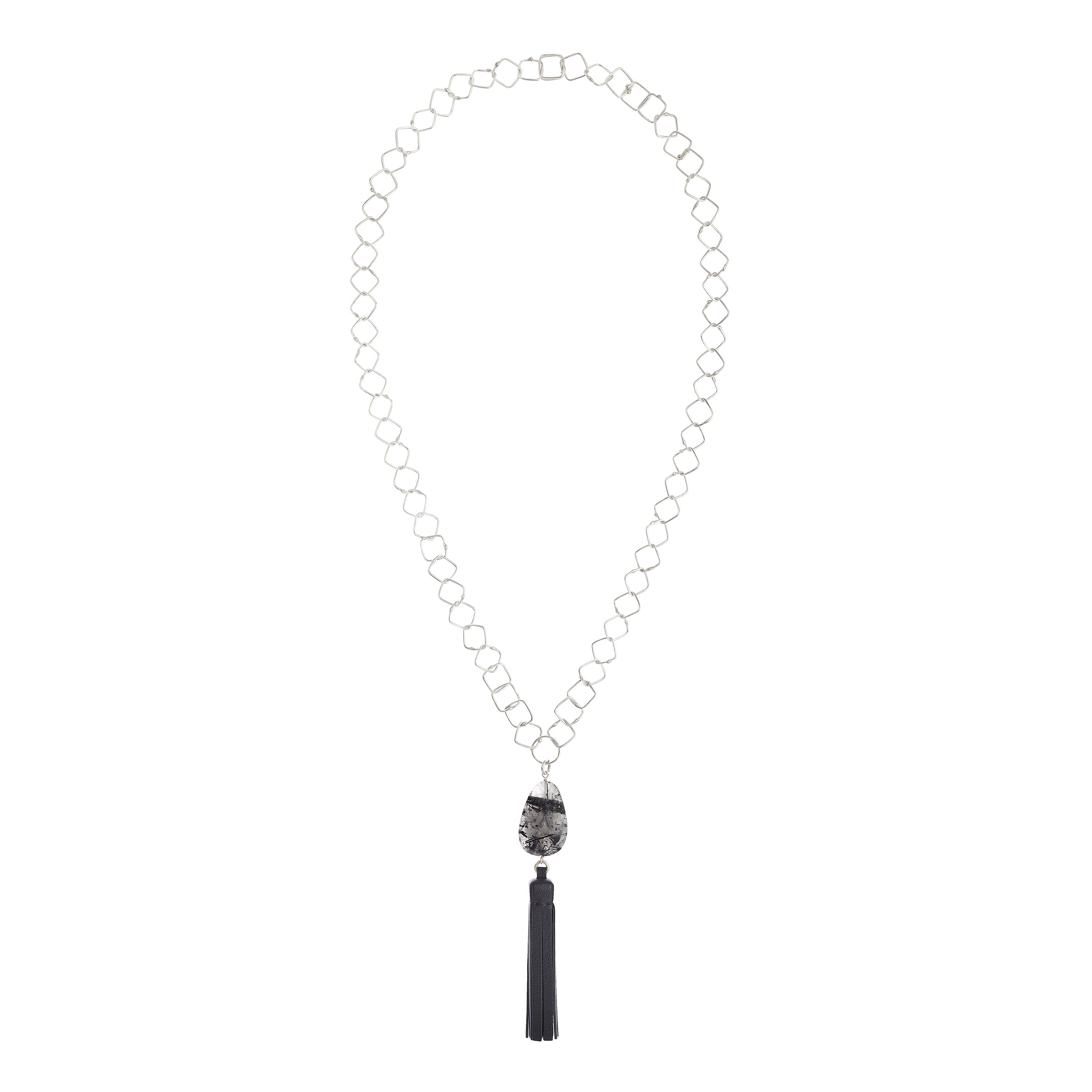 Tassel “Square” Necklace with Black Leather and Quartz