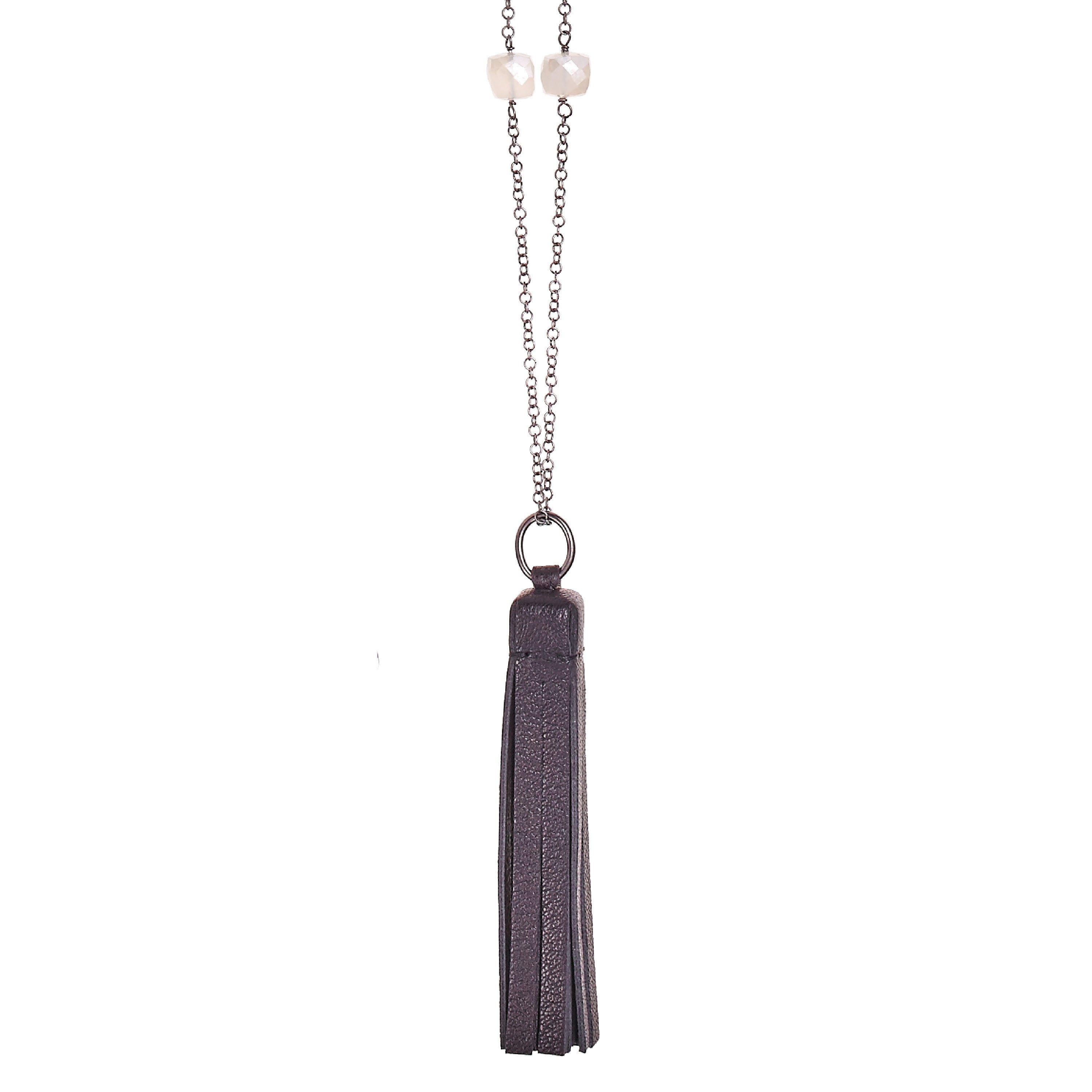 Tassel “Square” Necklace with Black Leather and Chalcedony