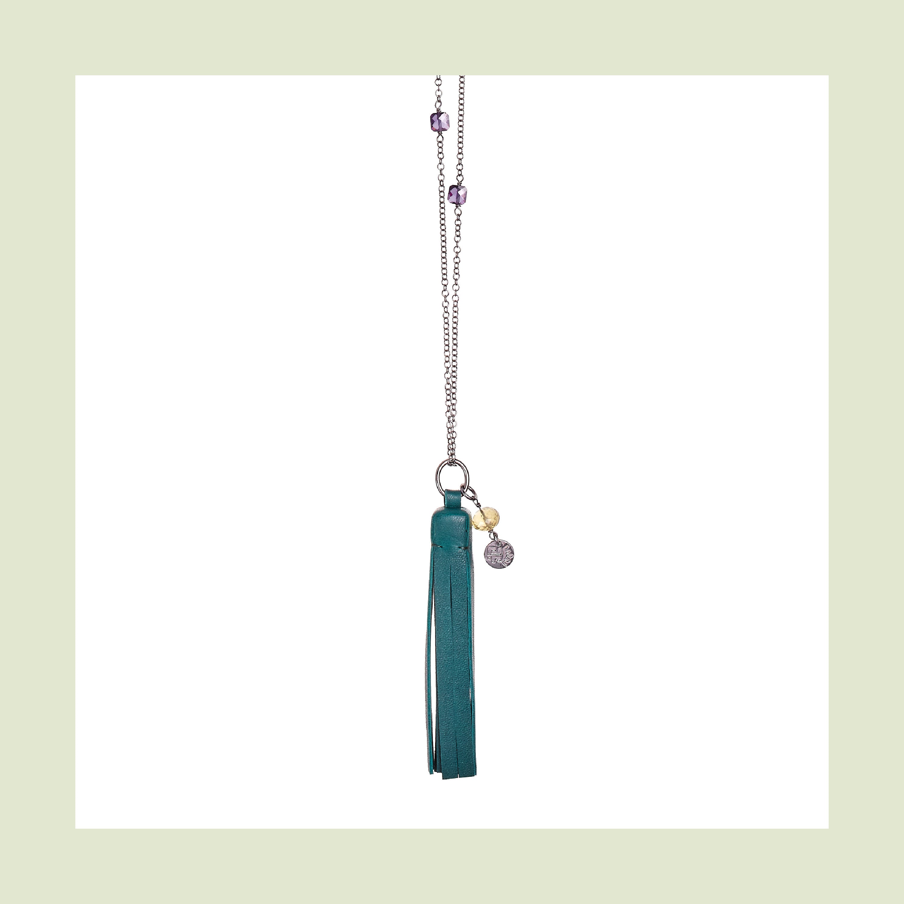 Tassel “Square” Necklace with Green Leather, Zircon and Quartz