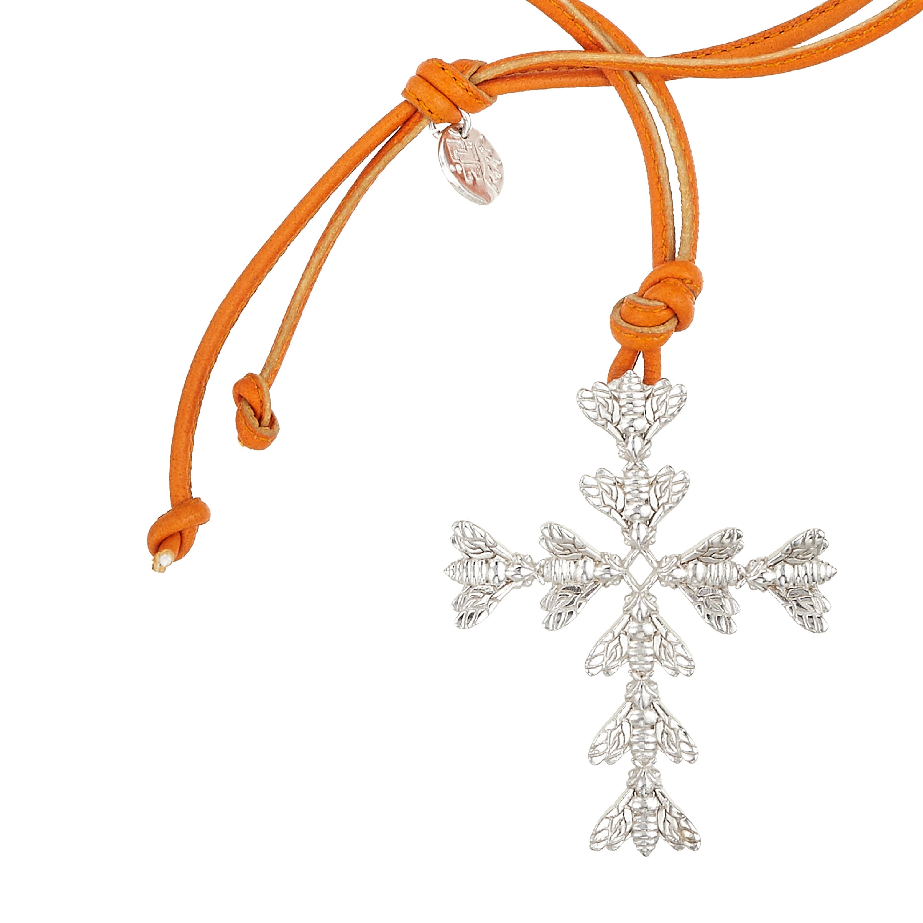 Bee Queen Orange Leather Necklace with Bee Cross