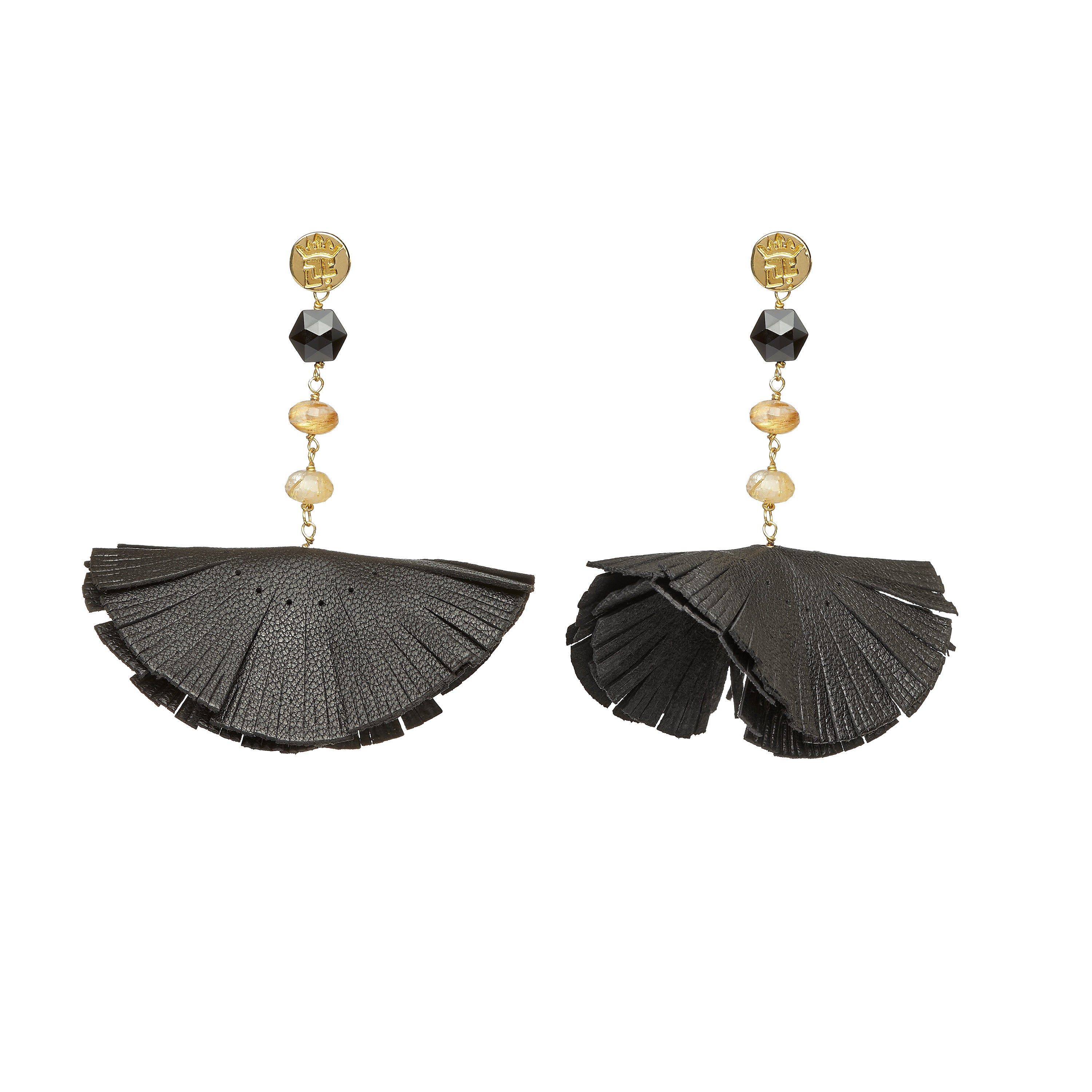 Tassel “Bluebell” Earrings with Black Leather, Garnet and Quartz