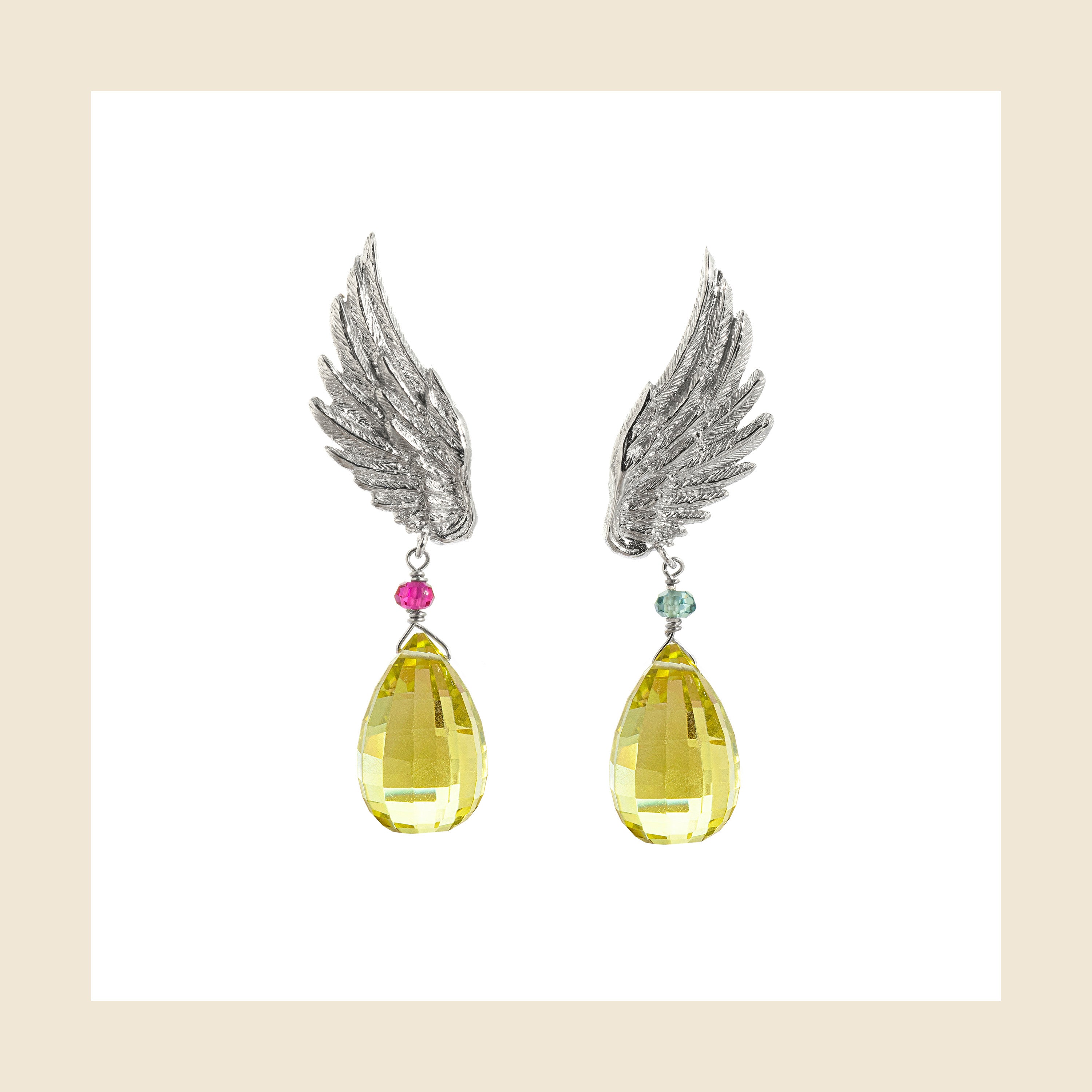 Artemis Wing Pendant Earrings with Lemon Quartz Drop