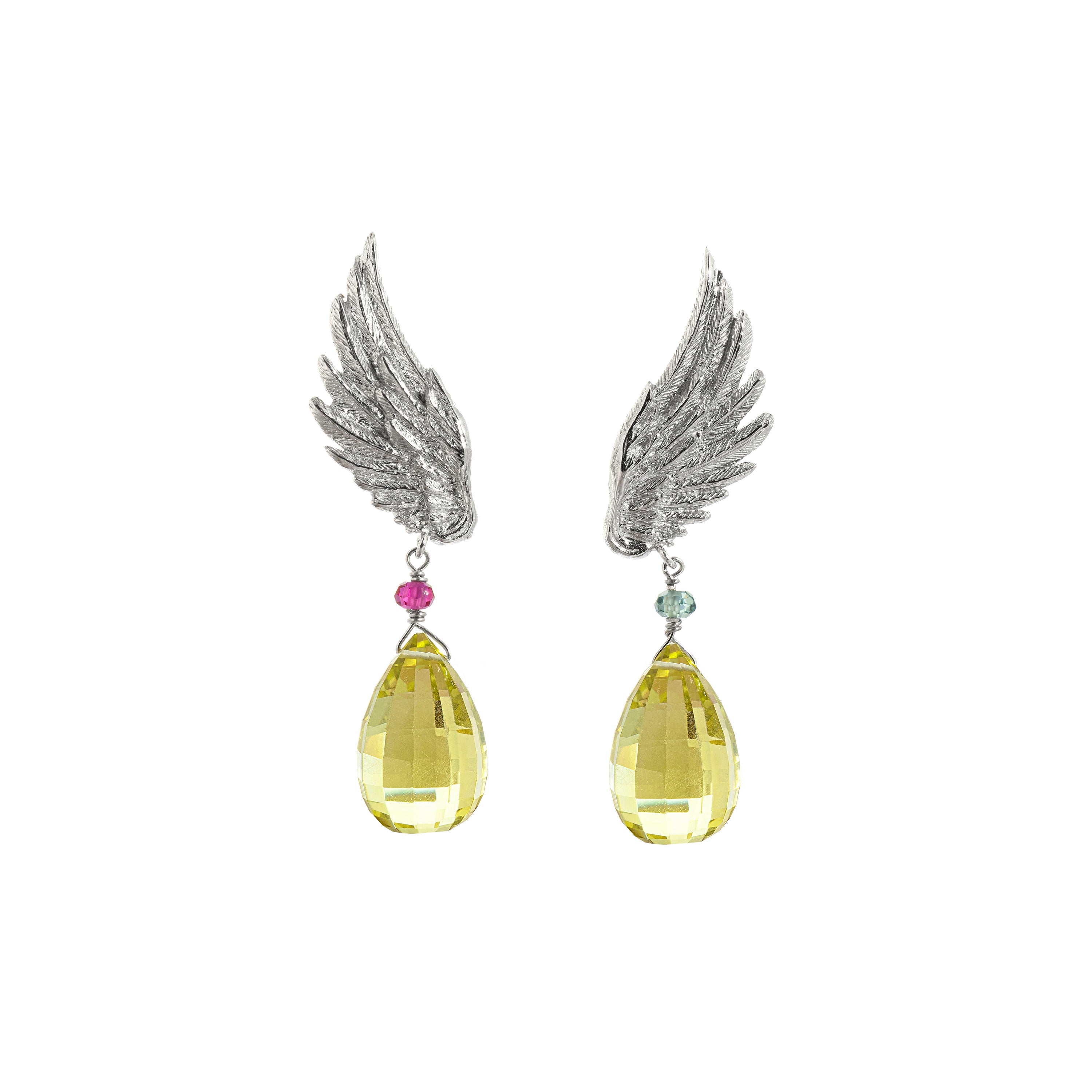 Artemis Wing Pendant Earrings with Lemon Quartz Drop