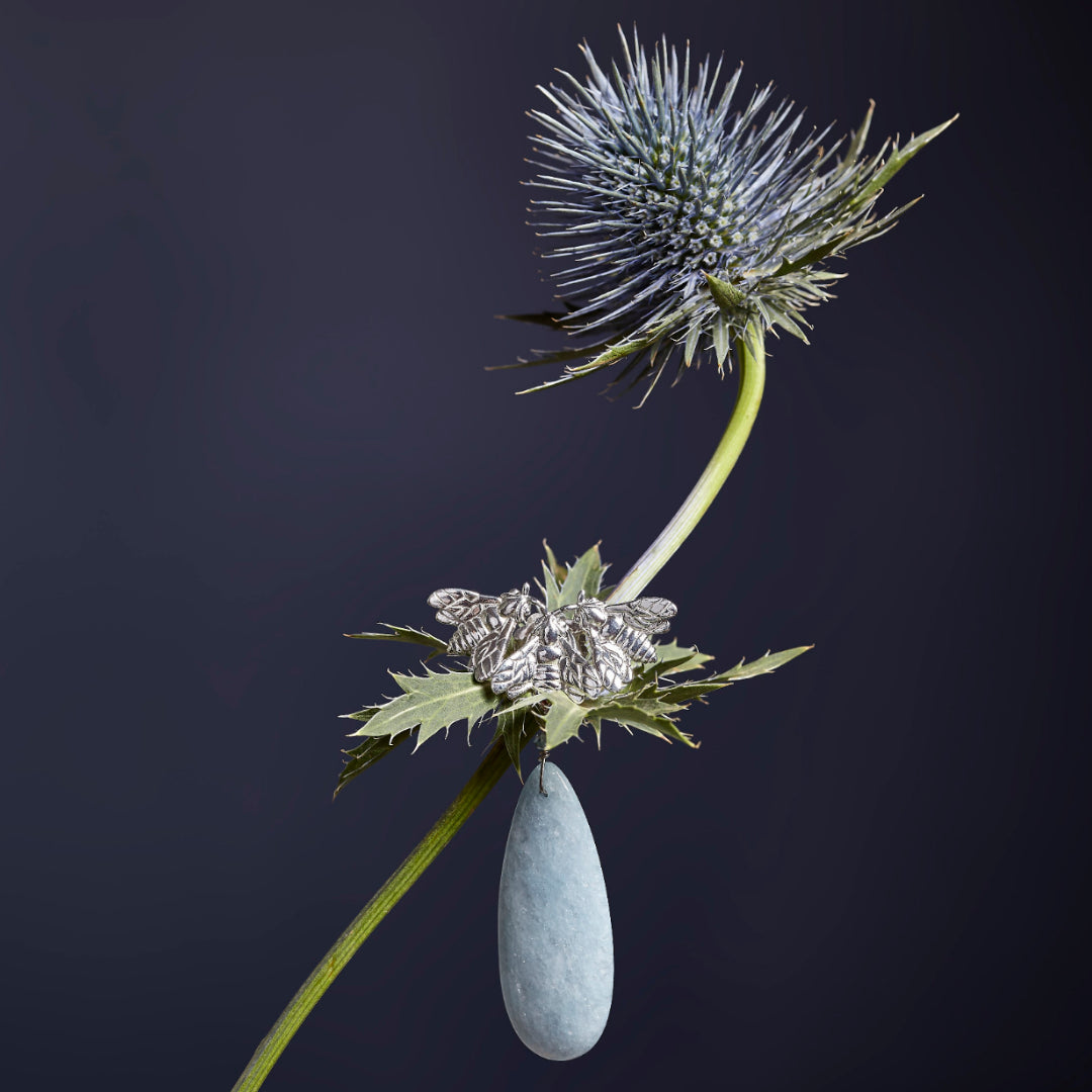 Orecchini Bee Queen api a ventaglio e goccia di giada lavanda