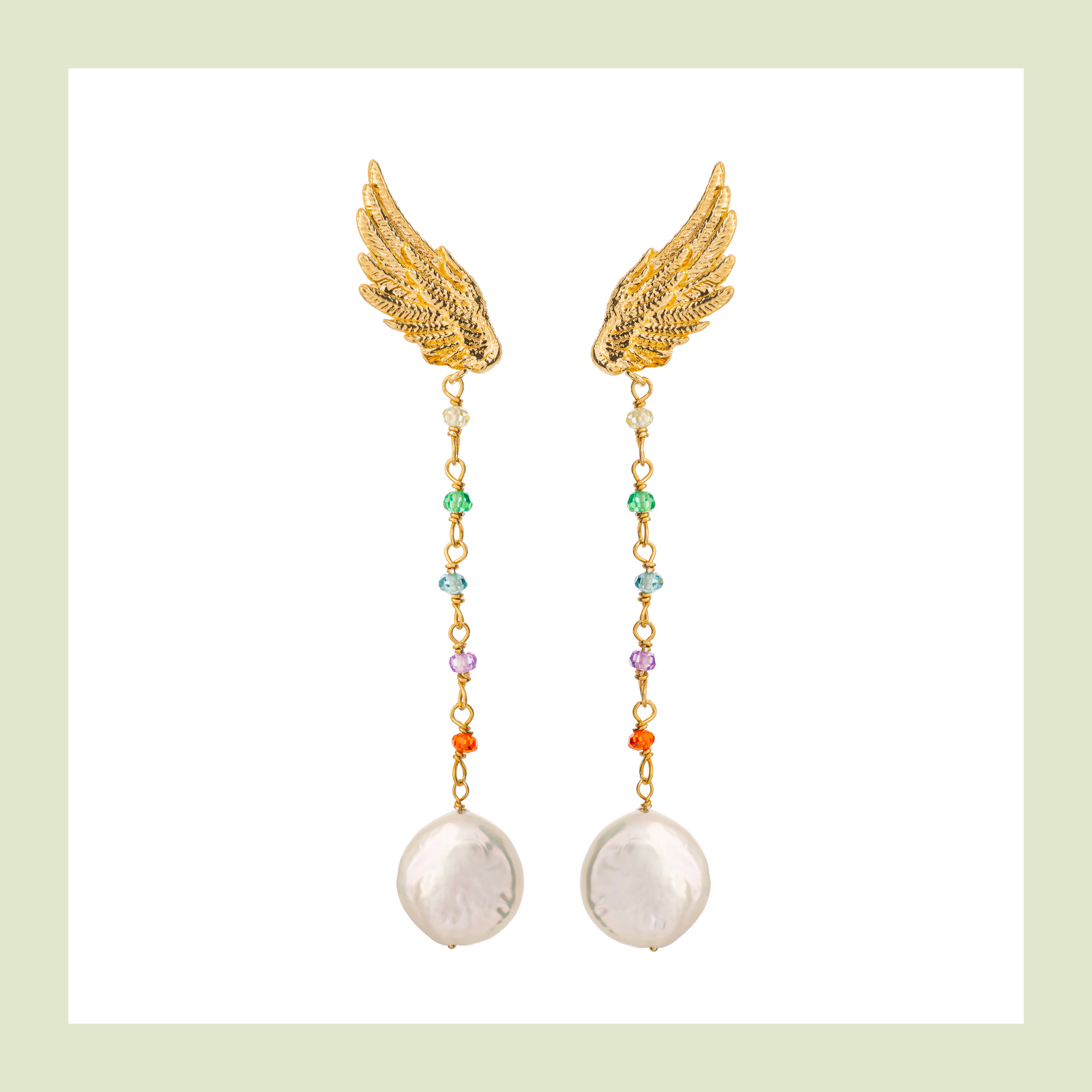 Artemis Wing Pendant Earrings with Zircons and Baroque Pearls