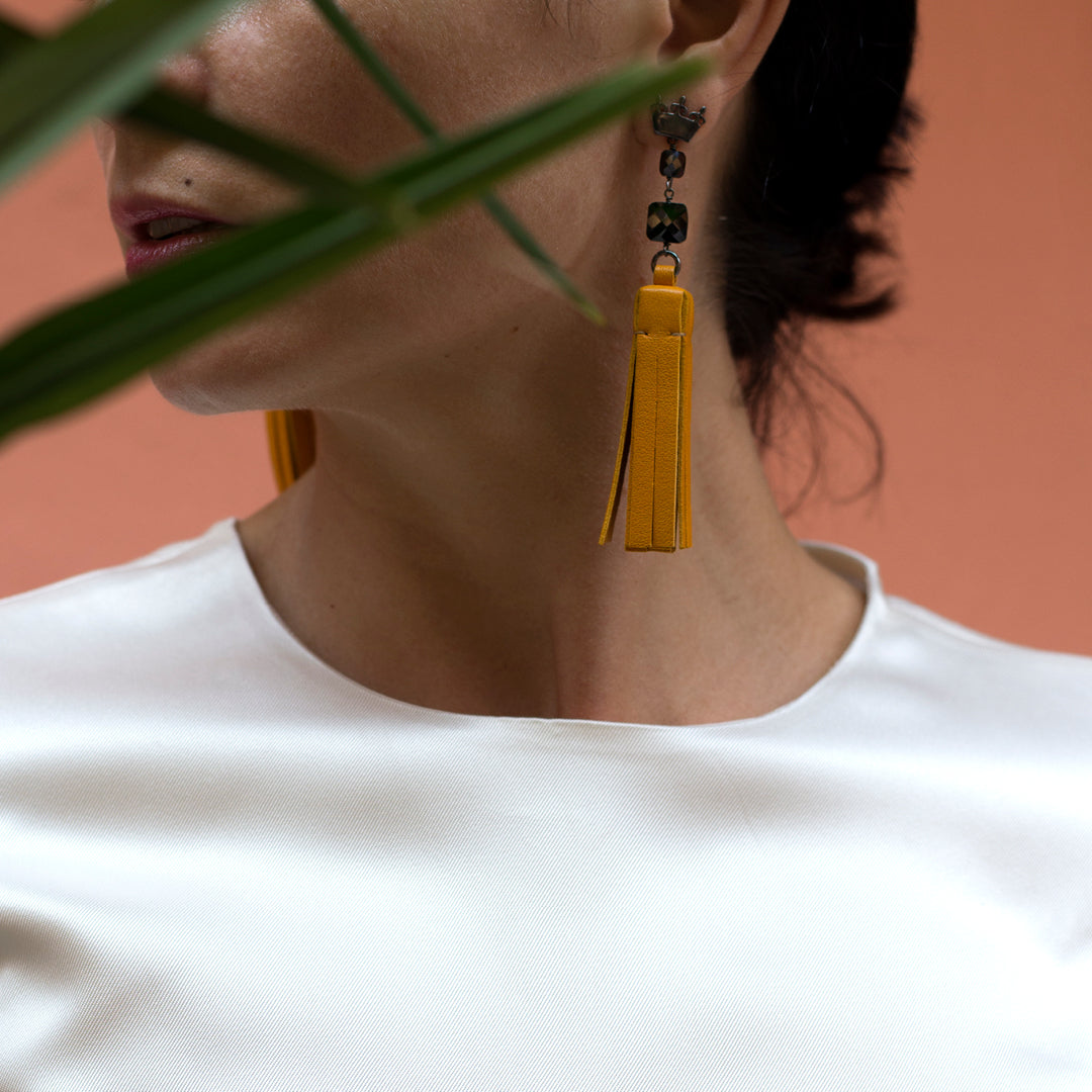 Tassel “Square” Earrings with Honey Leather and Zircons