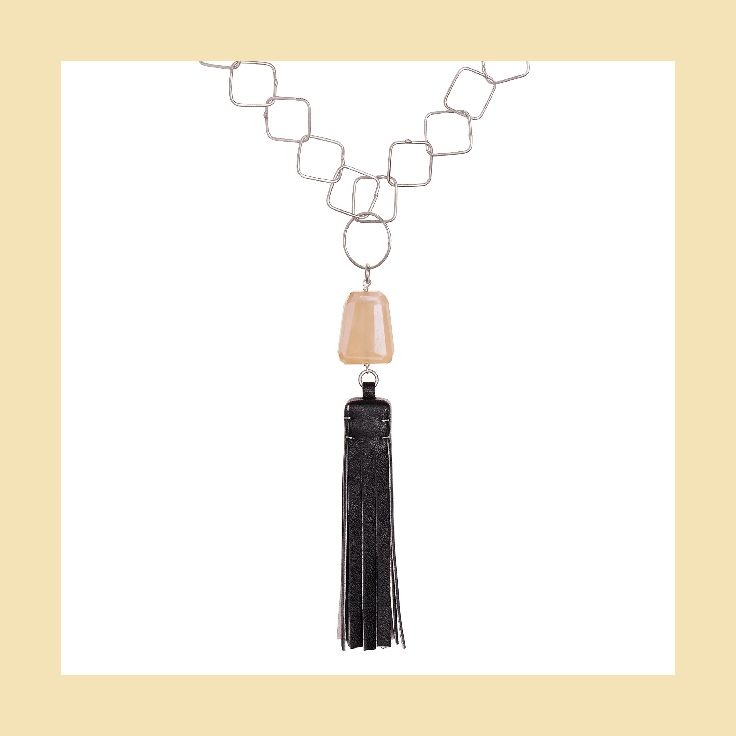 Tassel “Square” Necklace with Black & White Leather and Chalcedony