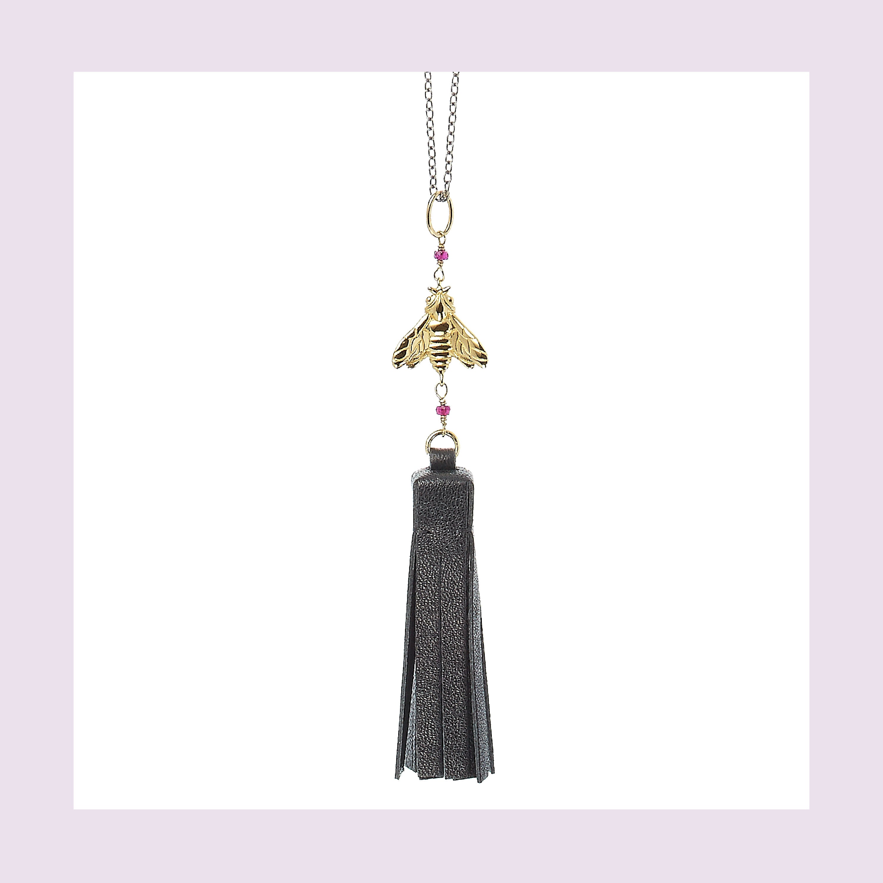 Bee Queen Necklace with Black Leather Tassel and Bees