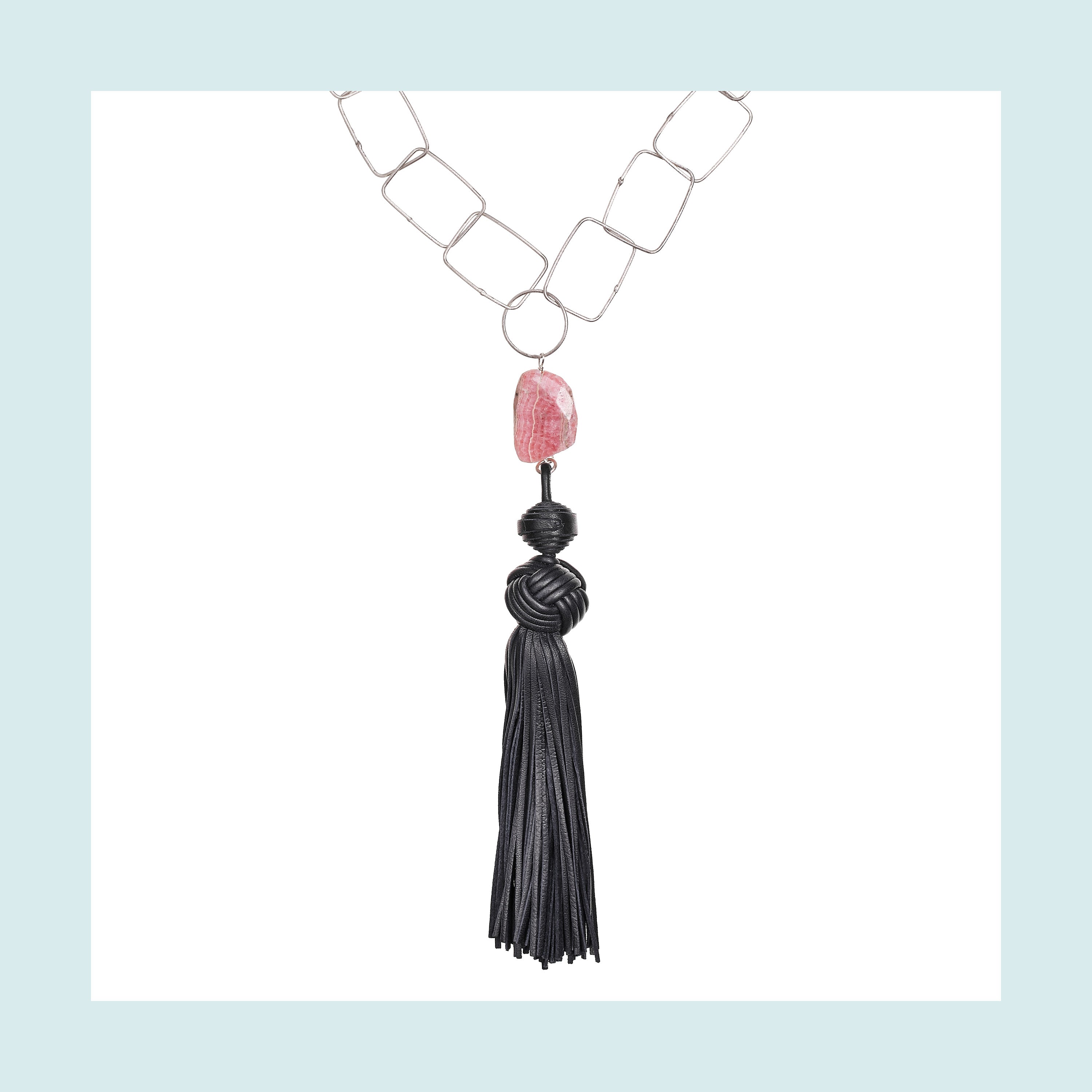Tassel “Horse” Necklace with Deep Blue Leather and Rhodochrosite