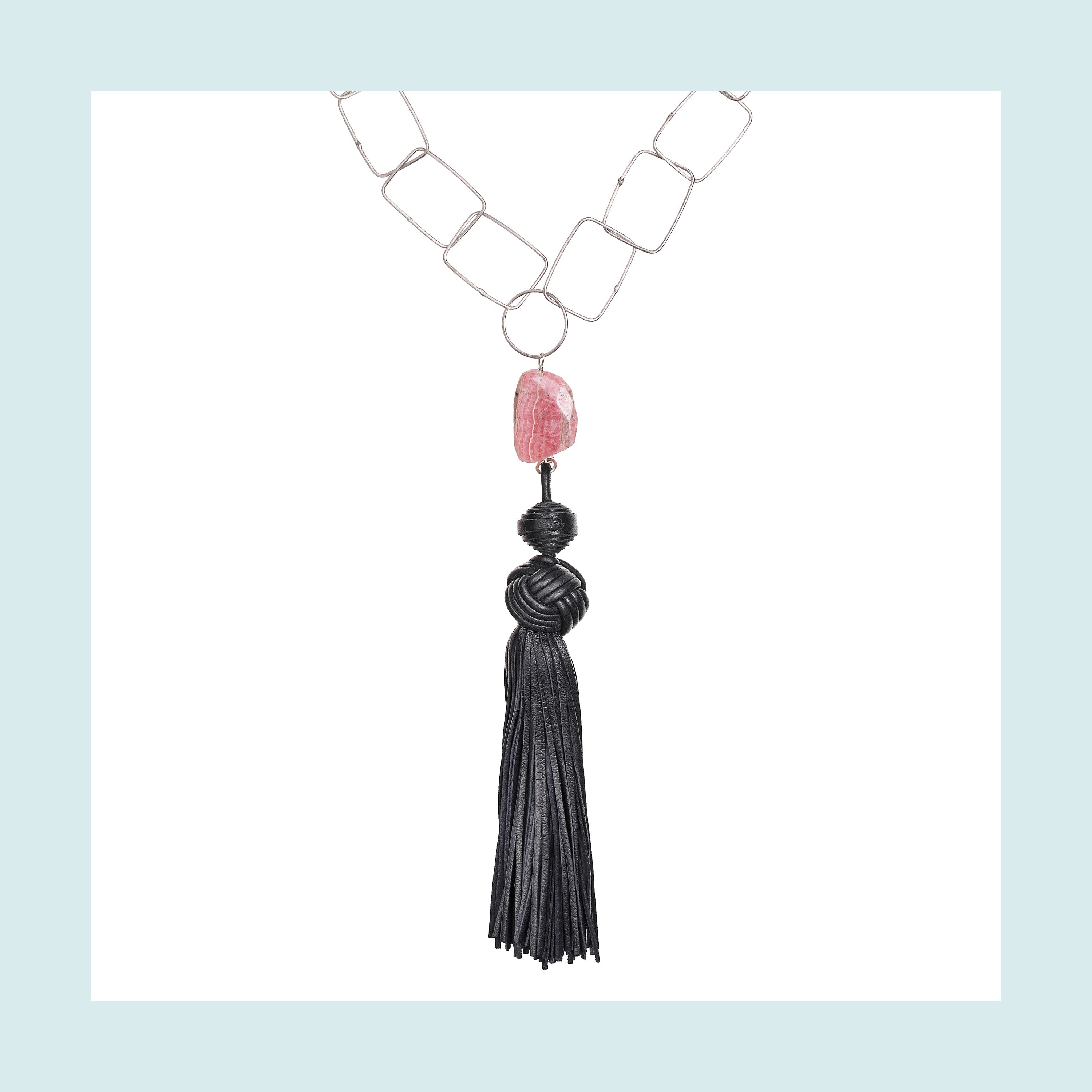 Collana Tassel "Horse" con nappa in pelle blu e rodocrosite