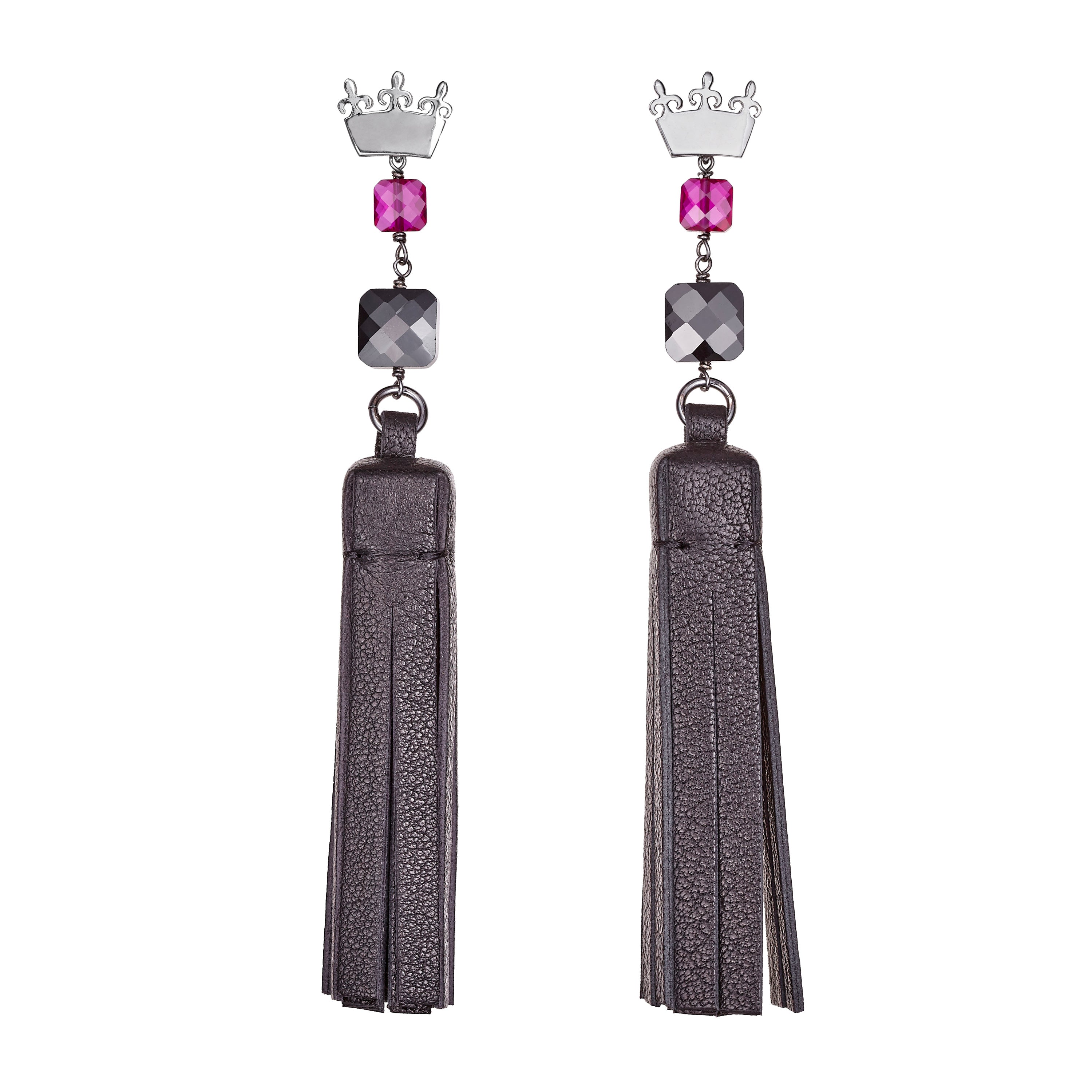 Tassel “Square” Earrings with Black Leather and Zircons