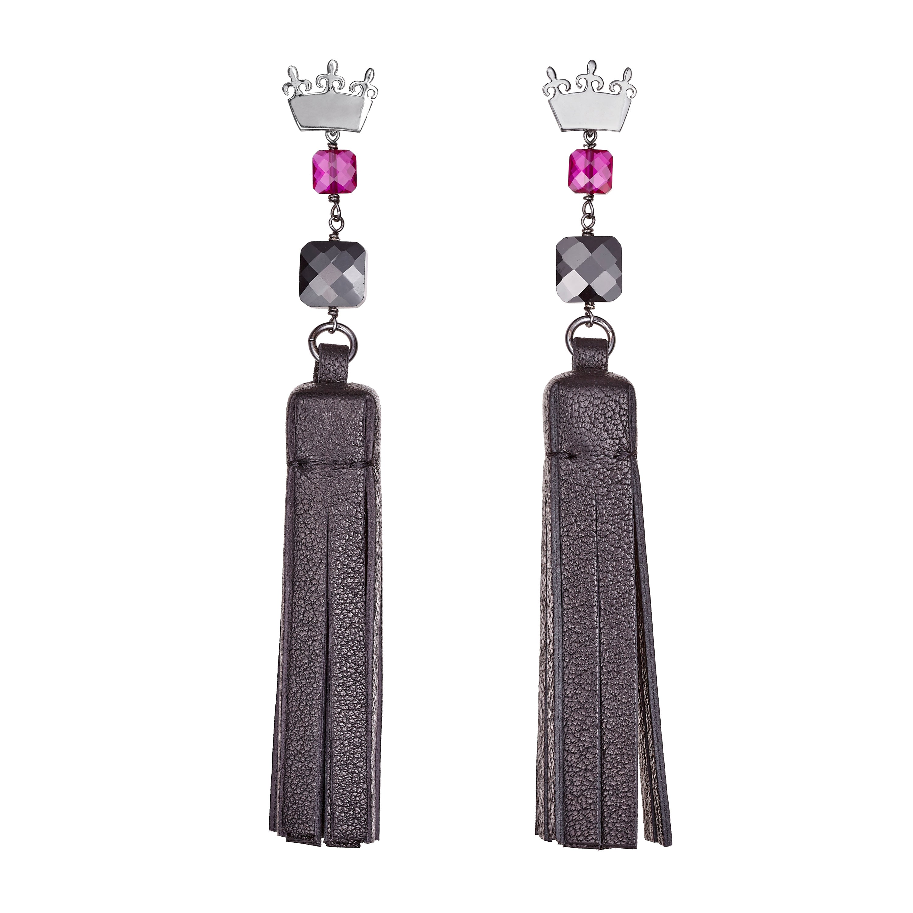 Orecchini Tassel "Square" con nappa in pelle nera e zirconi