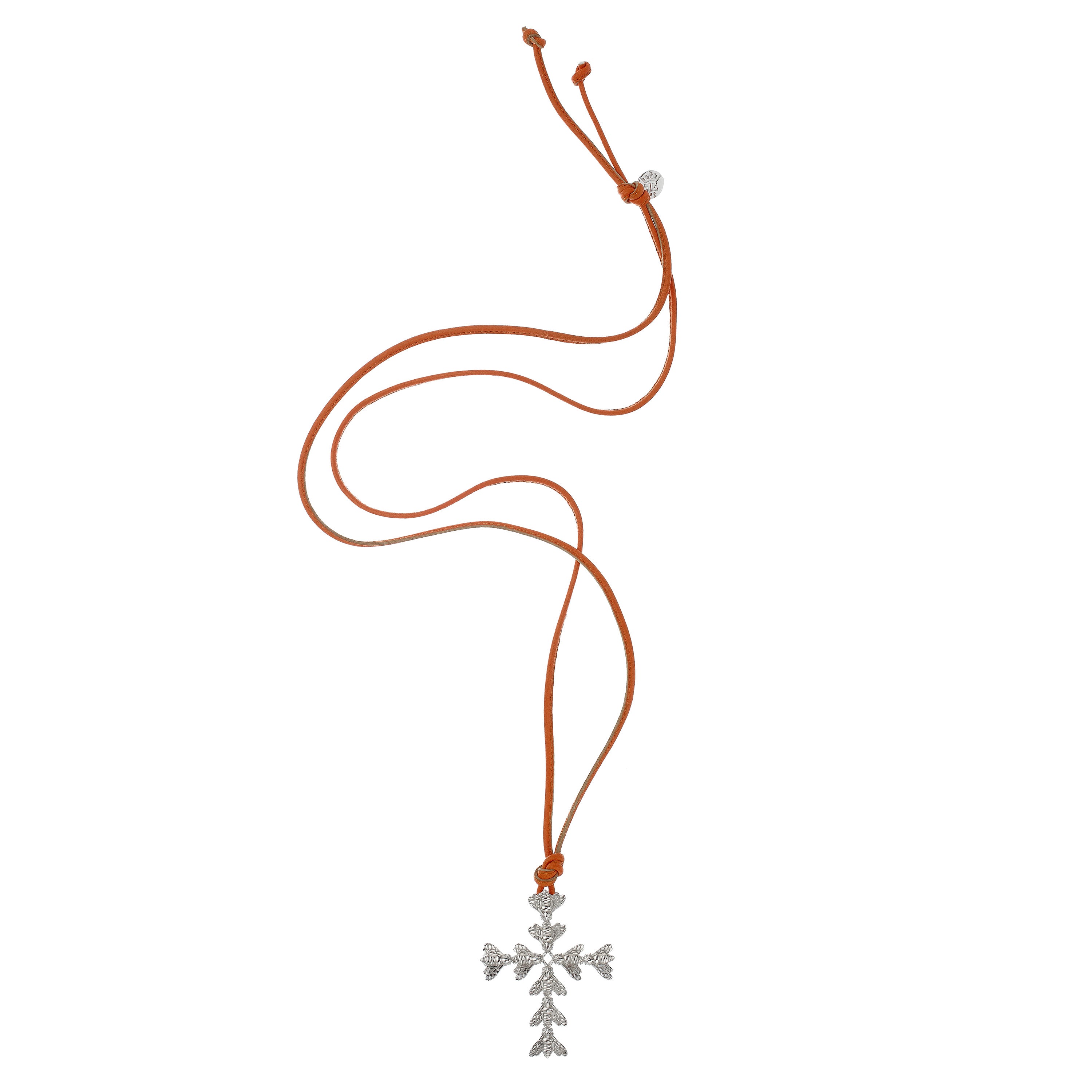 Bee Queen Orange Leather Necklace with Bee Cross
