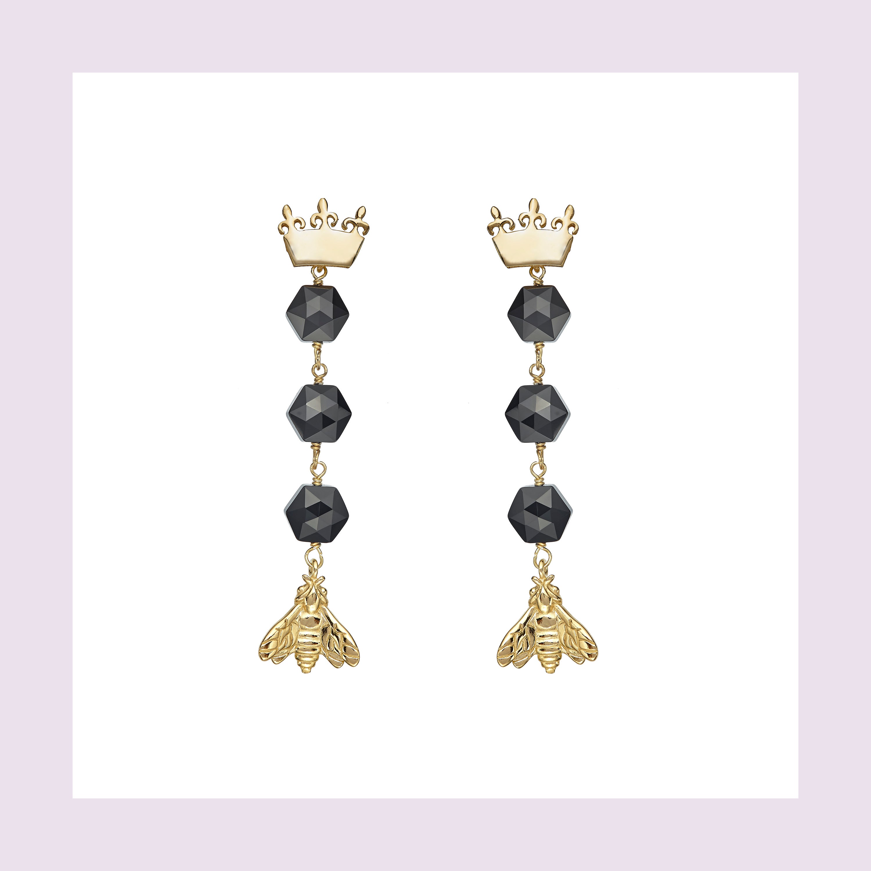 Bee Queen Pendant Earrings with Black Garnet