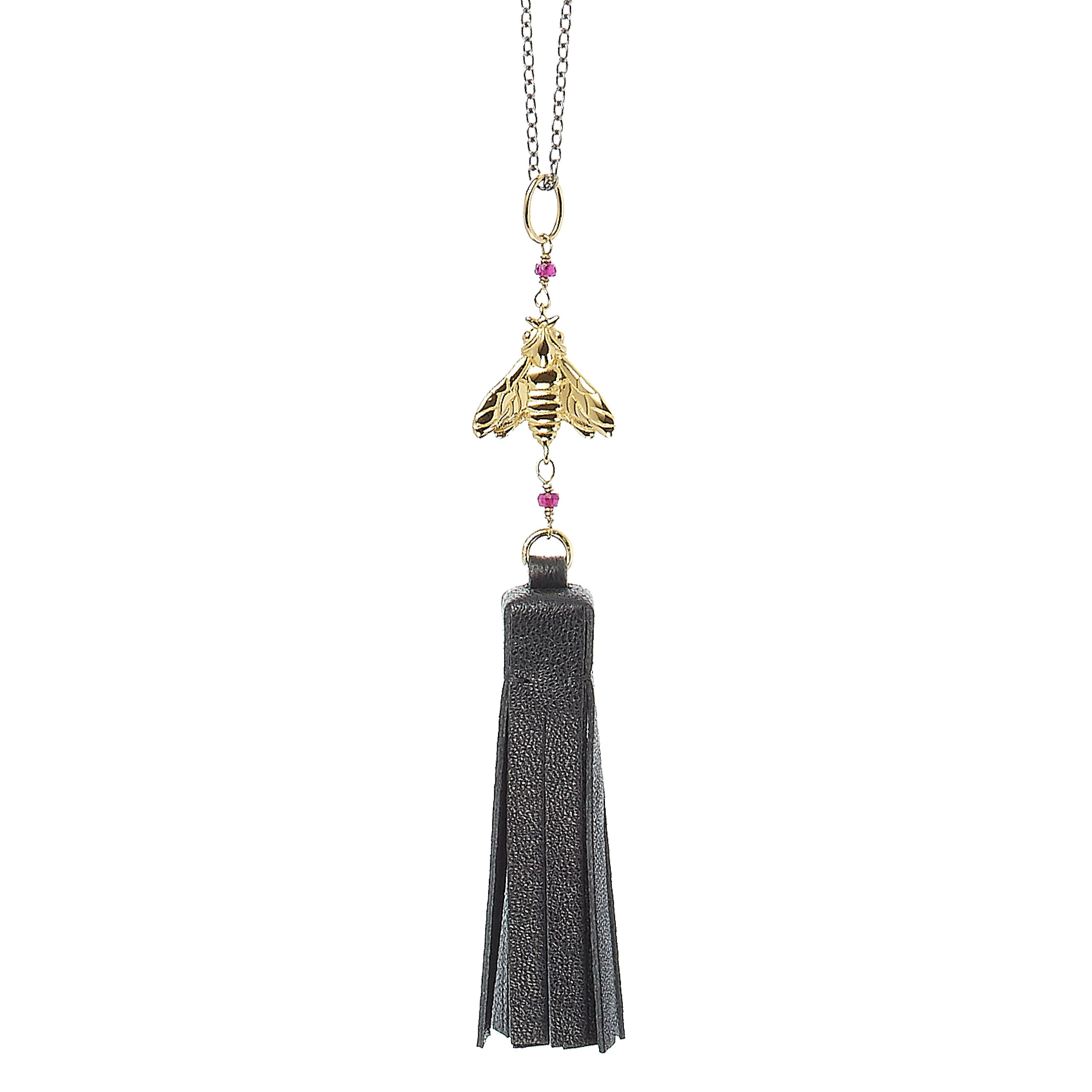 Bee Queen Necklace with Black Leather Tassel and Bees