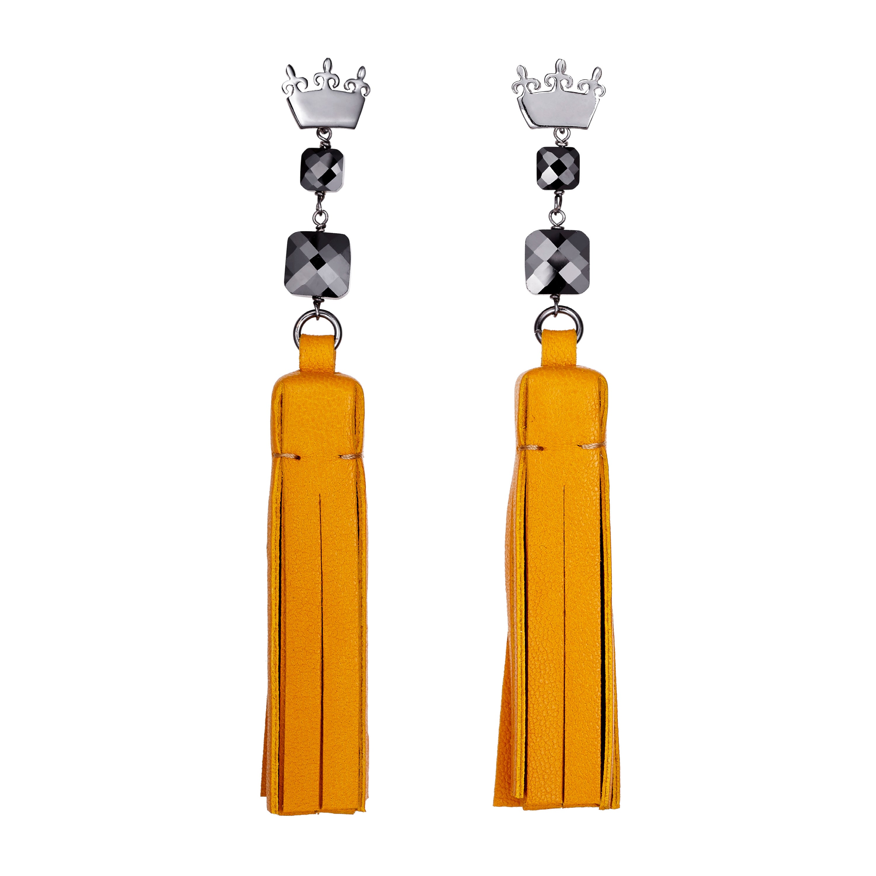 Tassel “Square” Earrings with Honey Leather and Zircons