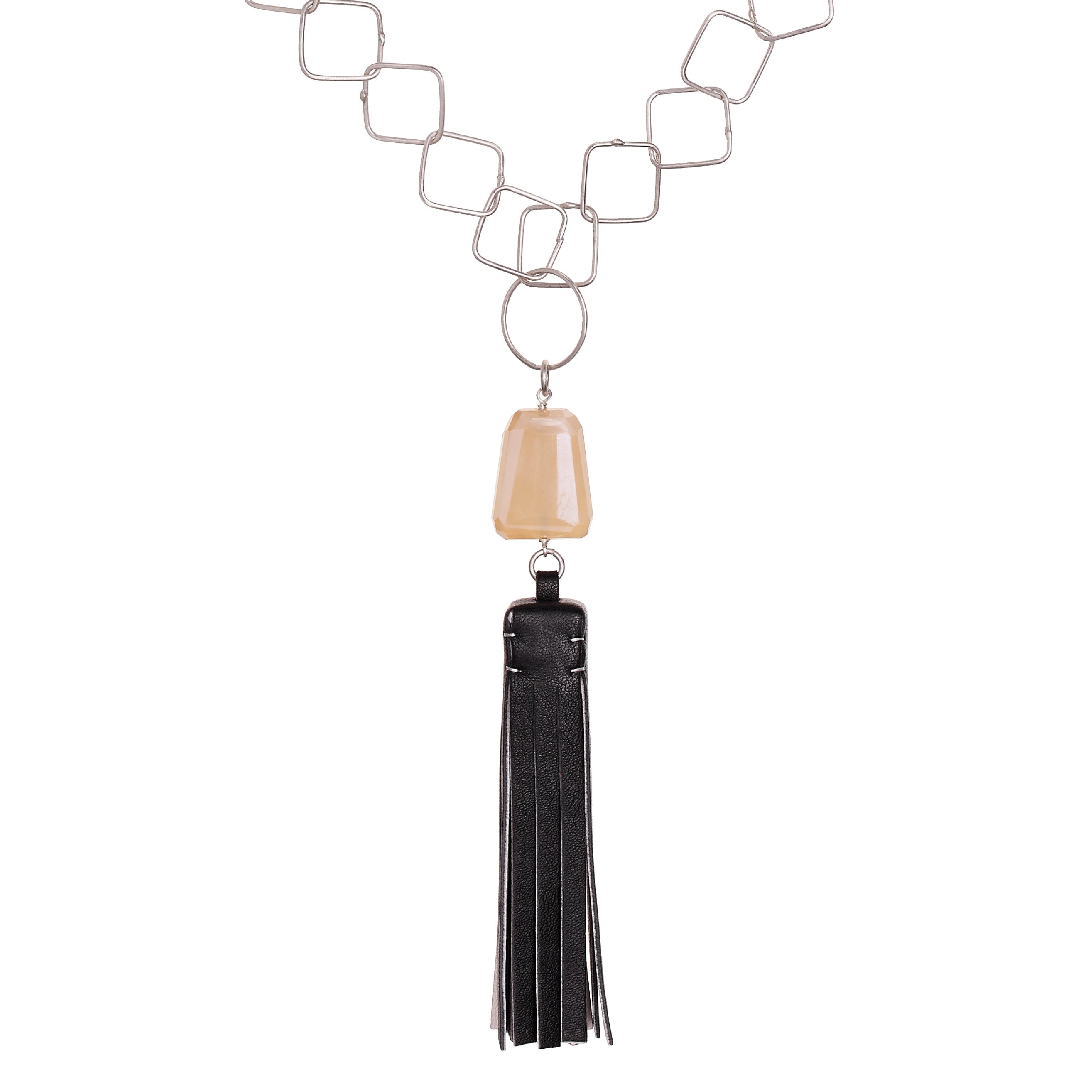 Tassel “Square” Necklace with Black & White Leather and Chalcedony