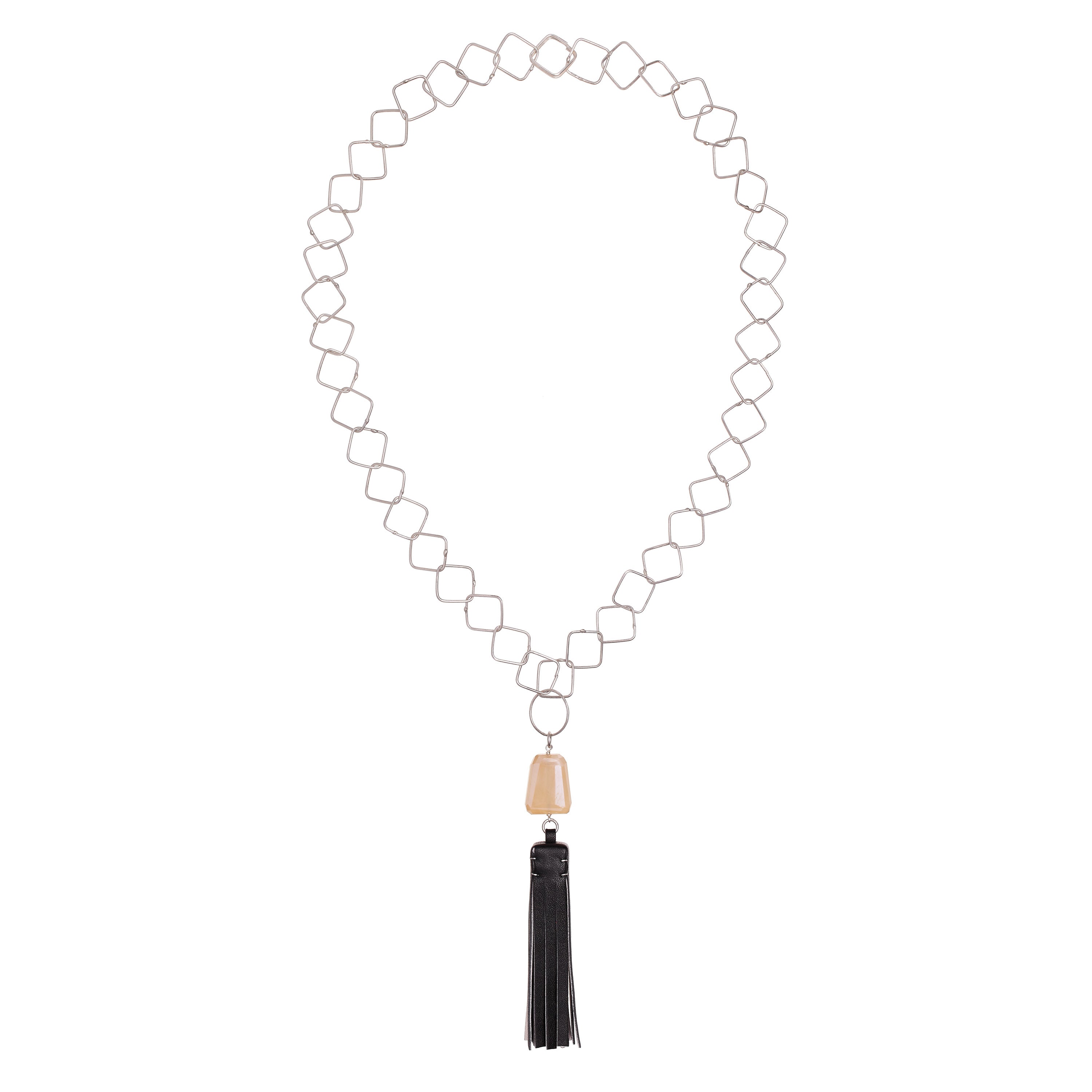 Tassel “Square” Necklace with Black & White Leather and Chalcedony