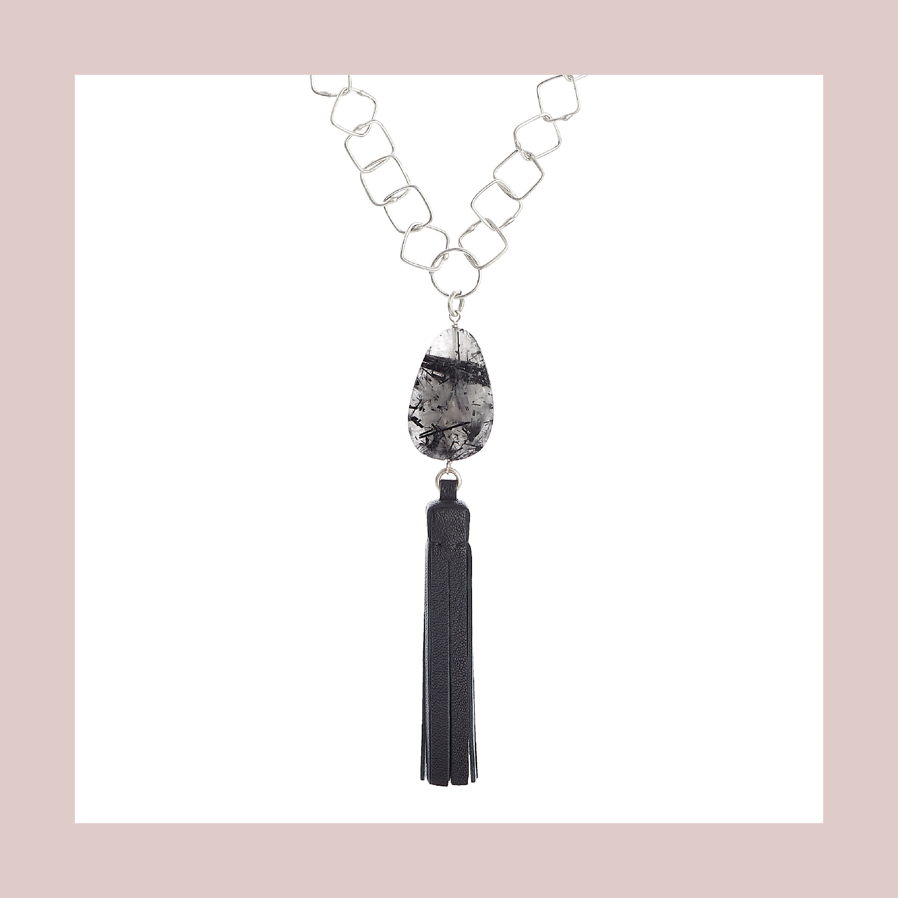 Tassel “Square” Necklace with Black Leather and Quartz