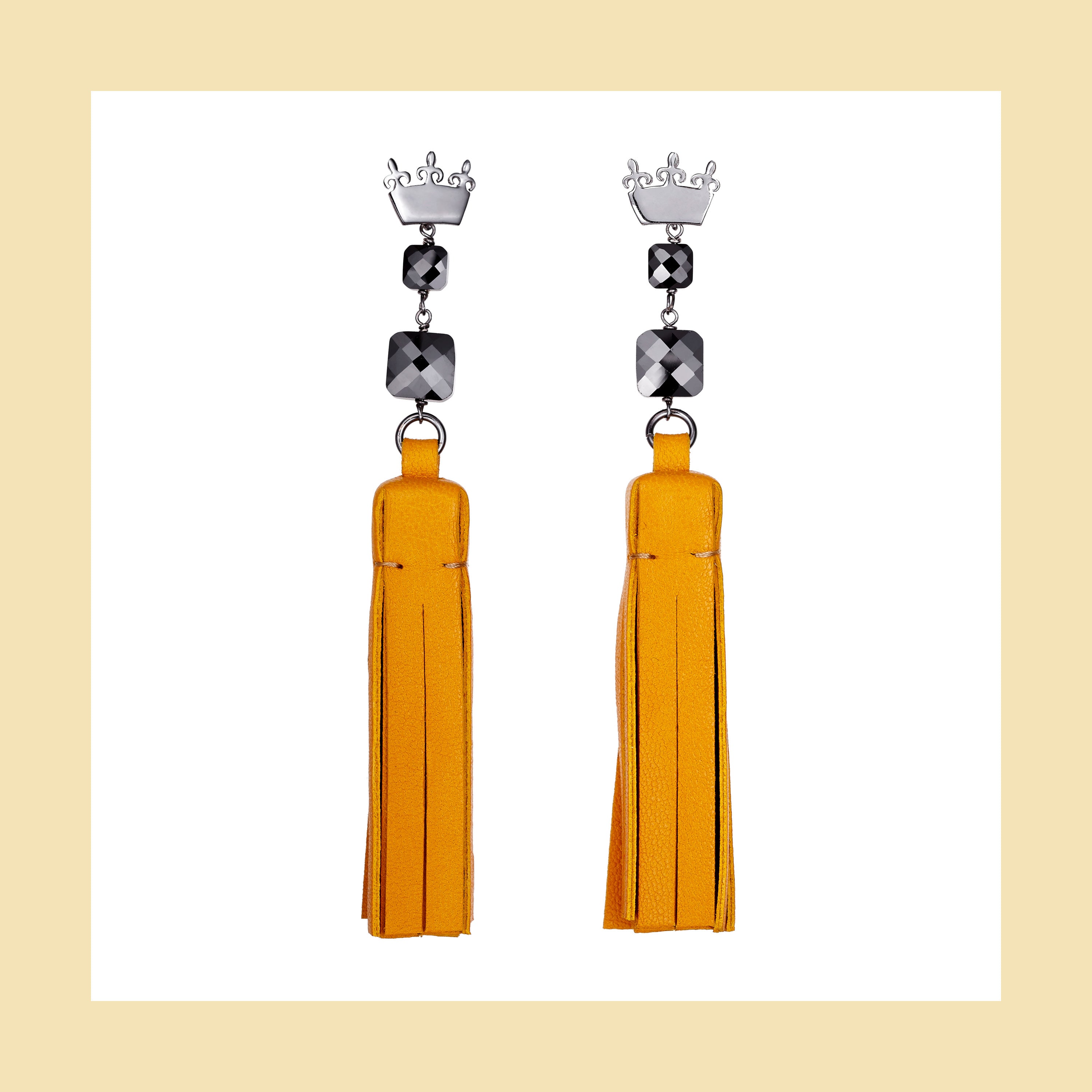 Tassel “Square” Earrings with Honey Leather and Zircons