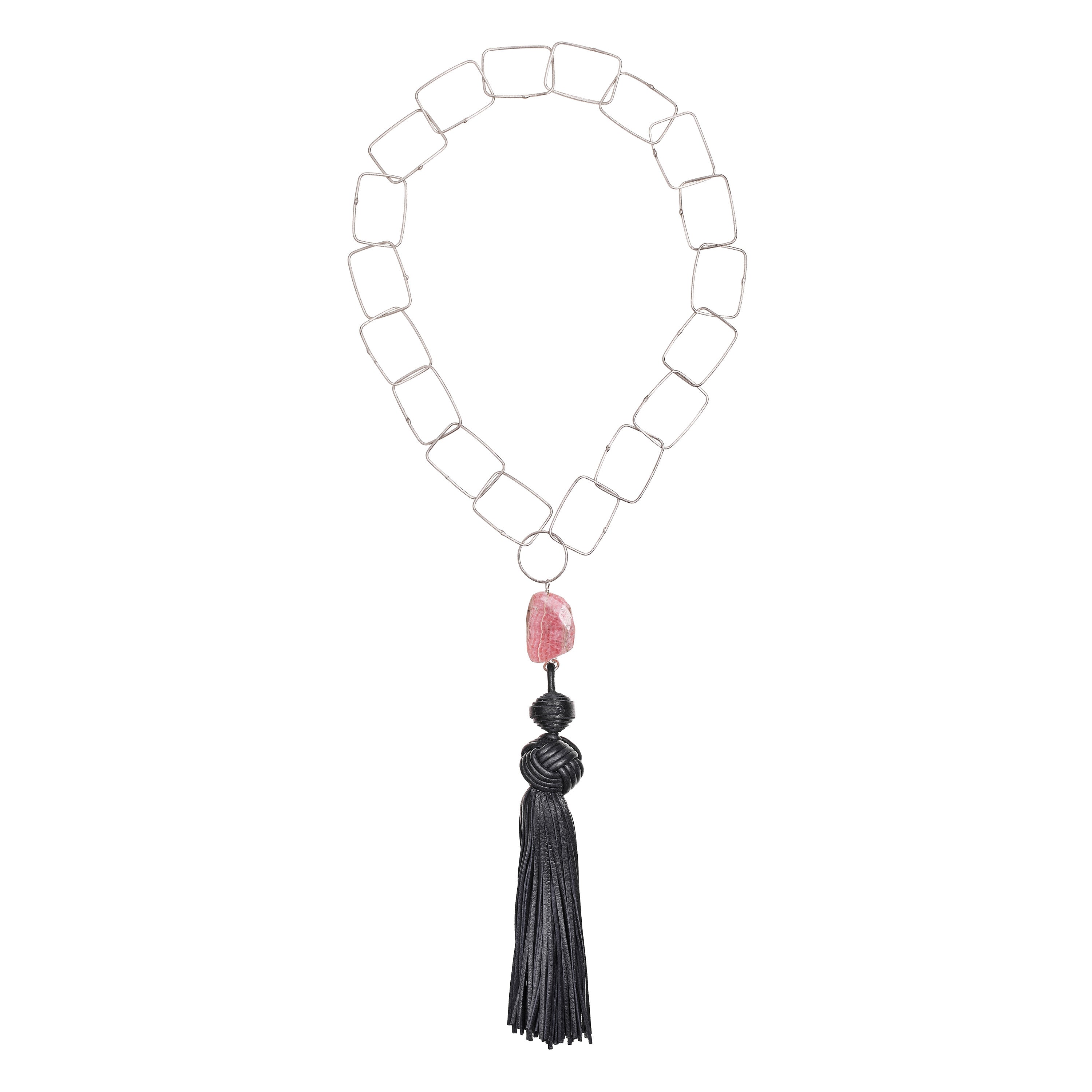 Tassel “Horse” Necklace with Deep Blue Leather and Rhodochrosite