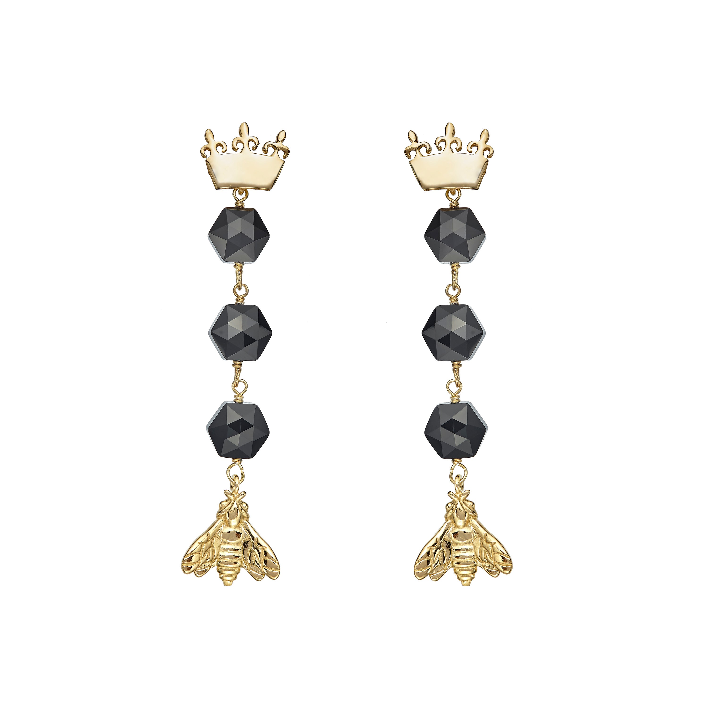 Bee Queen Pendant Earrings with Black Garnet