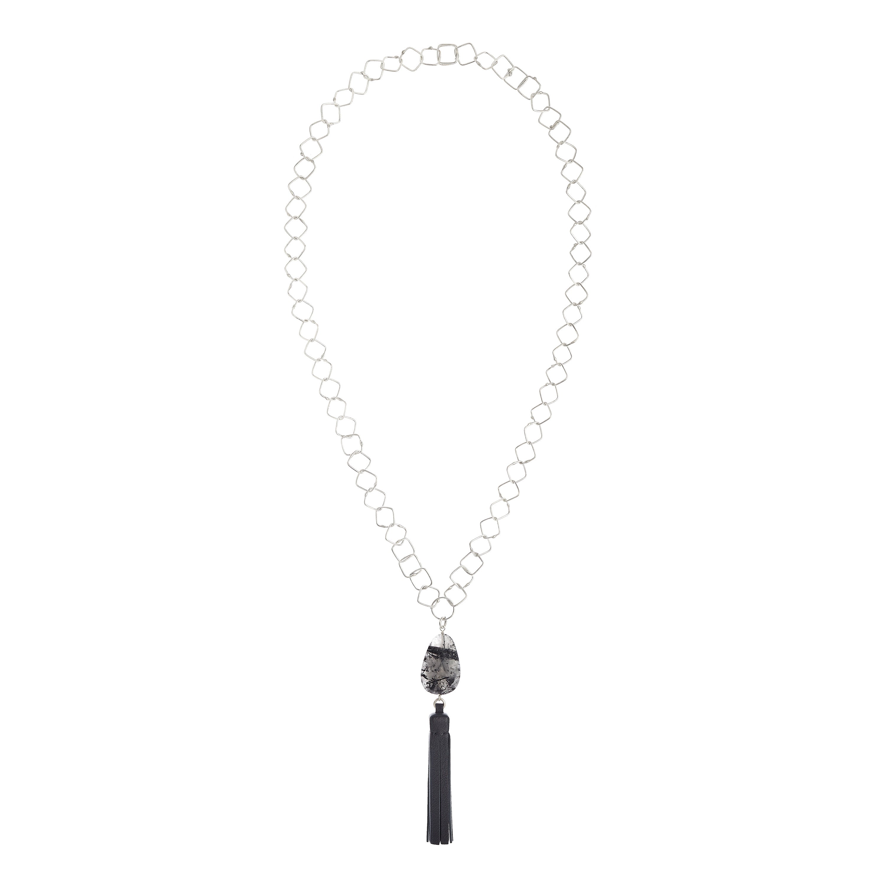 Collana Tassel "Square" con nappa in pelle nera e quarzo