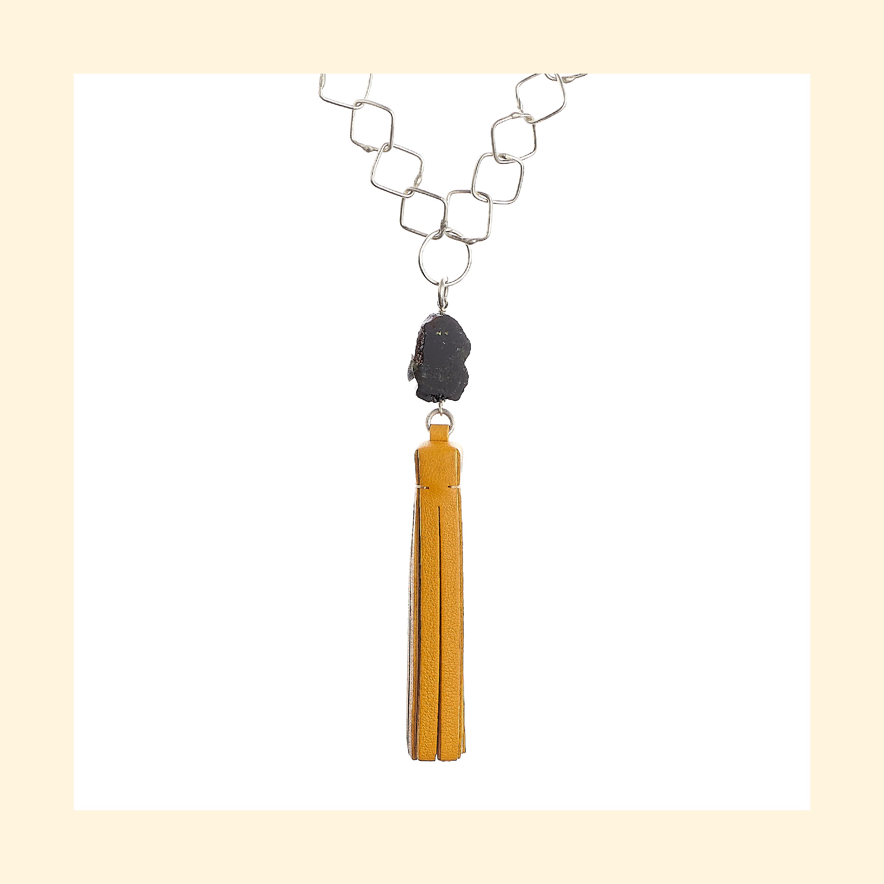 Tassel “Square” Necklace with Honey Leather and Tourmaline