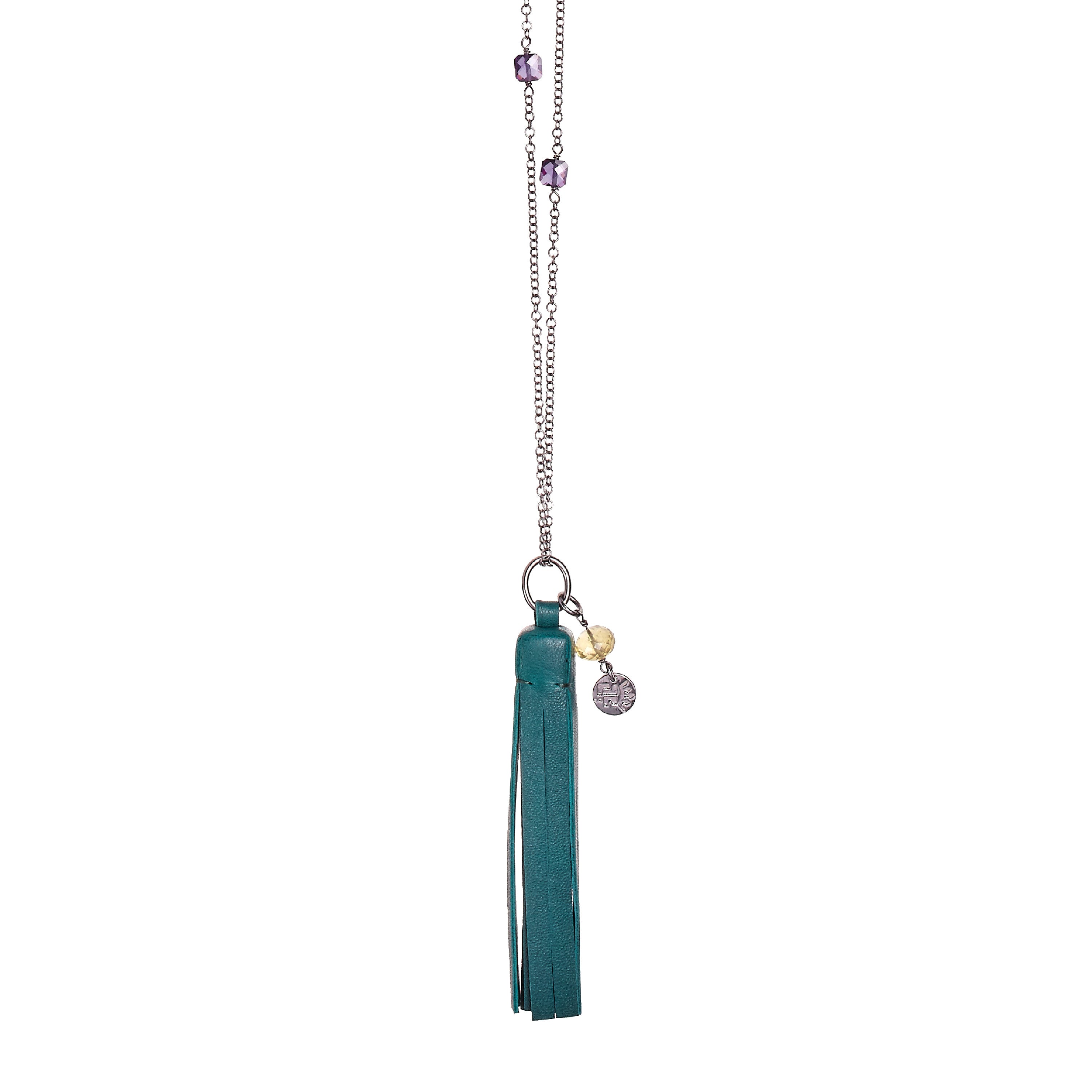 Tassel “Square” Necklace with Green Leather, Zircon and Quartz