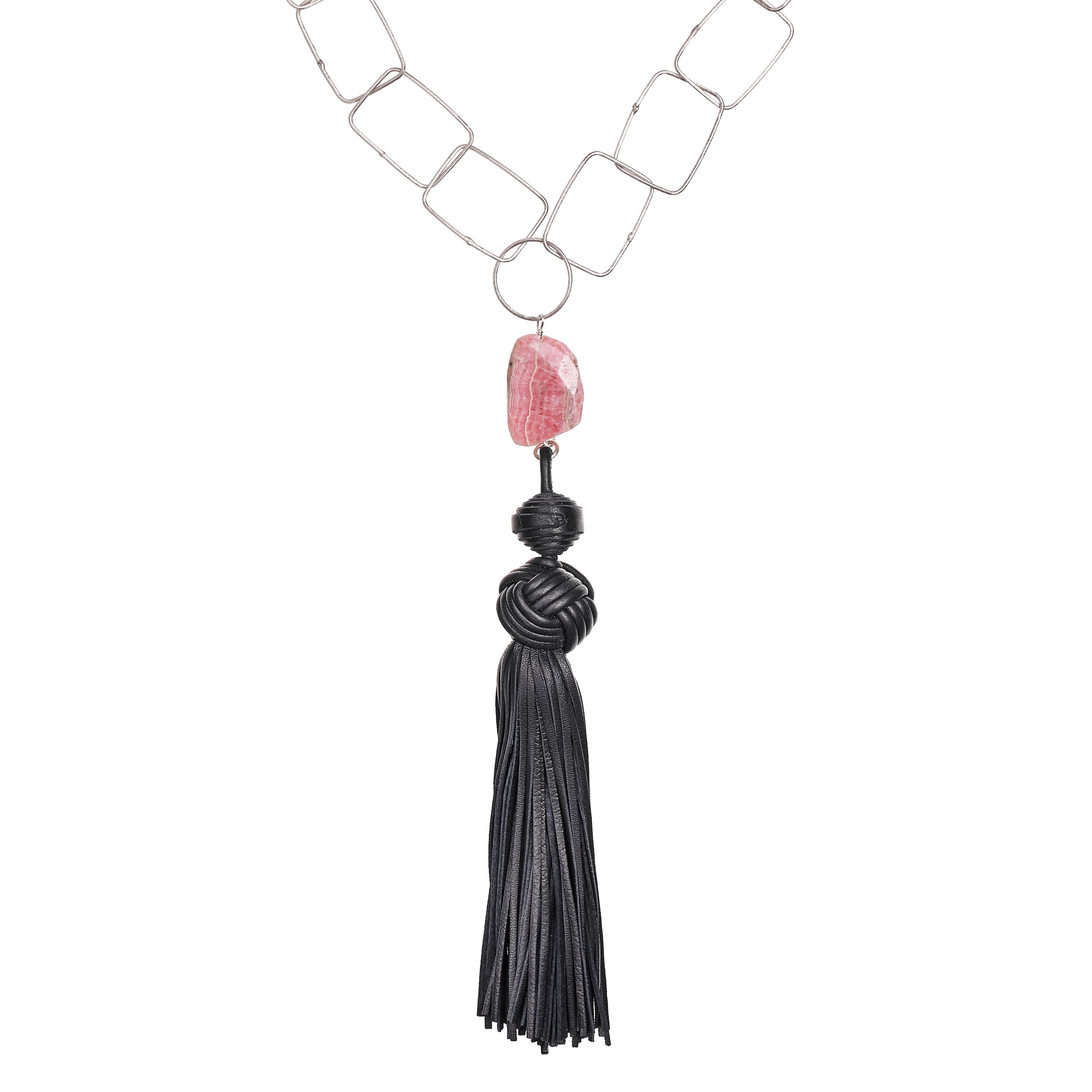 Tassel “Horse” Necklace with Deep Blue Leather and Rhodochrosite