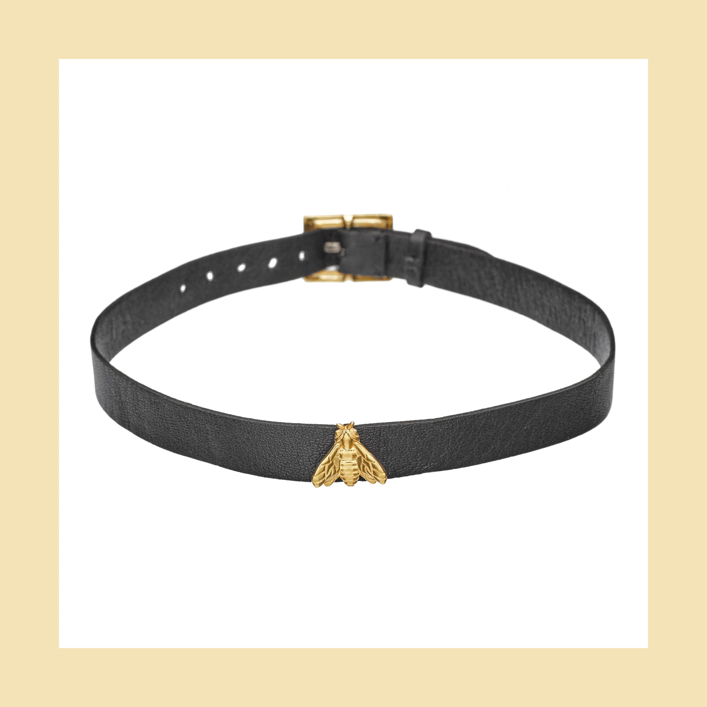 Bee Queen Black Leather Choker with Bee