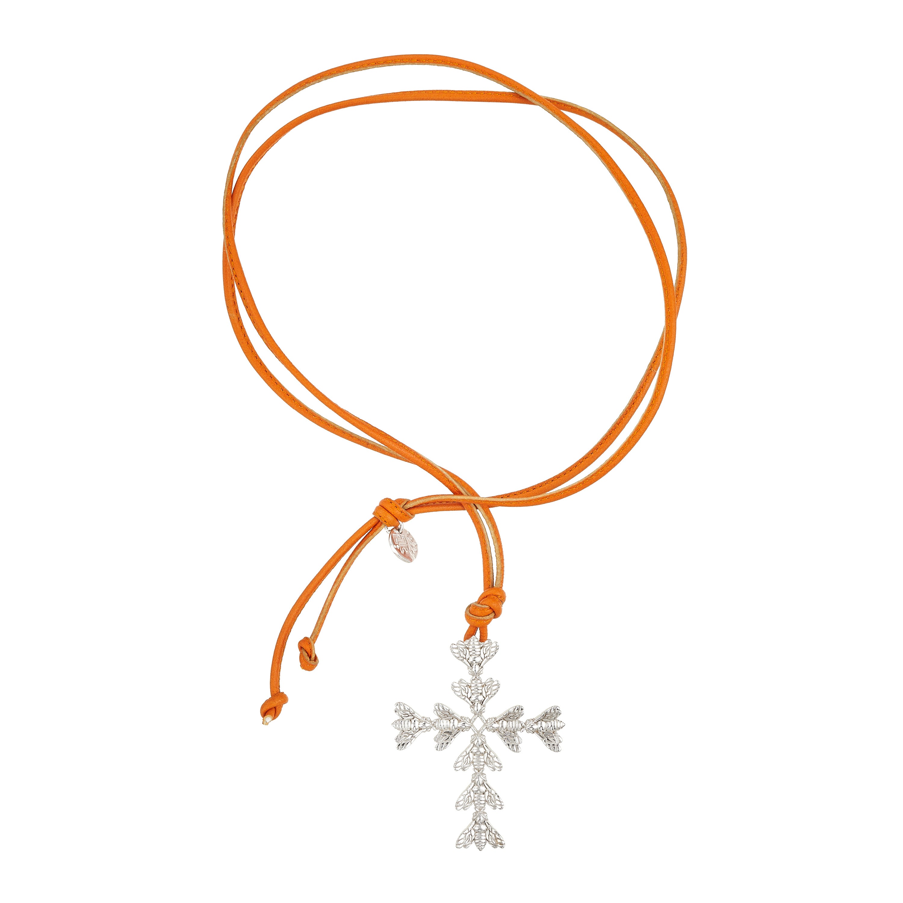 Bee Queen Orange Leather Necklace with Bee Cross