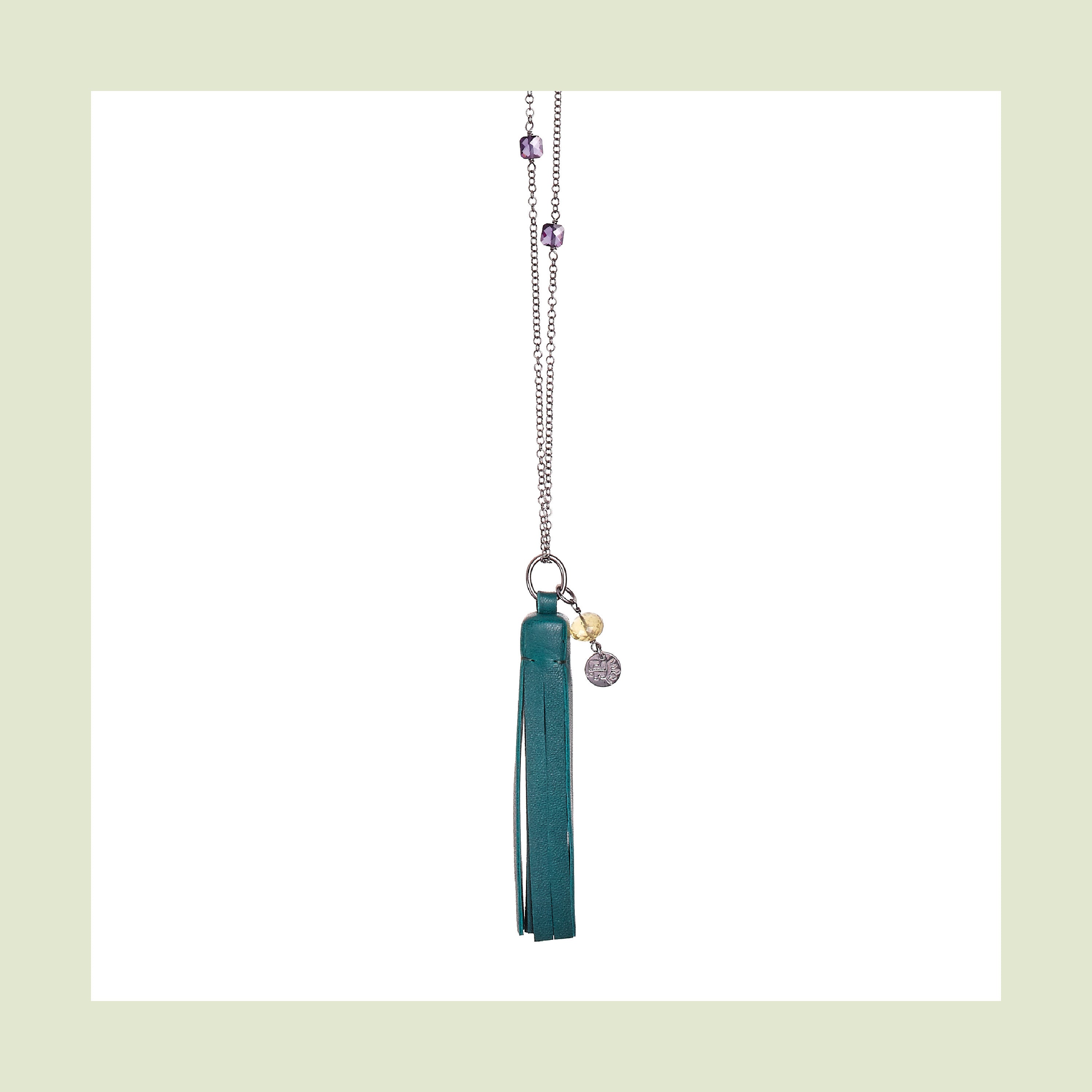 Collana Tassel "Square" con nappa in pelle verde, zircone e quarzo